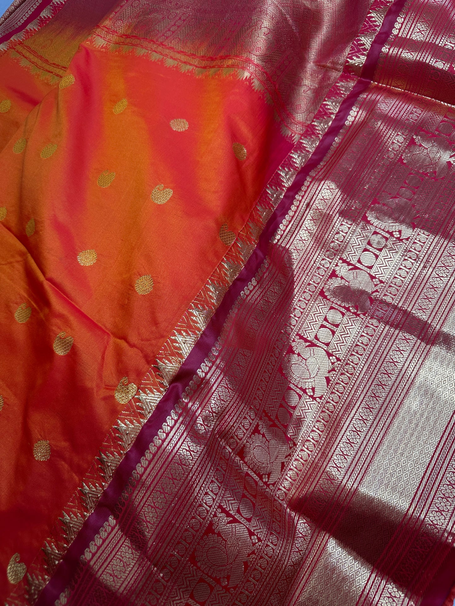 Mangalgiri Pattu Orange Pink Silk Saree