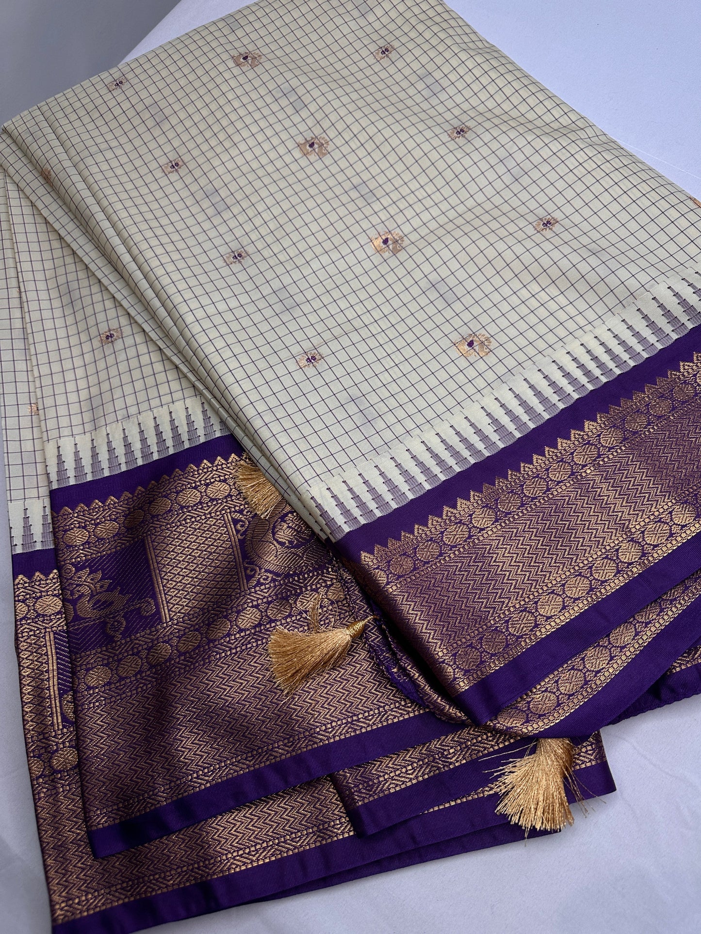 Gadwal Semi Silk Cream Purple Checks Saree