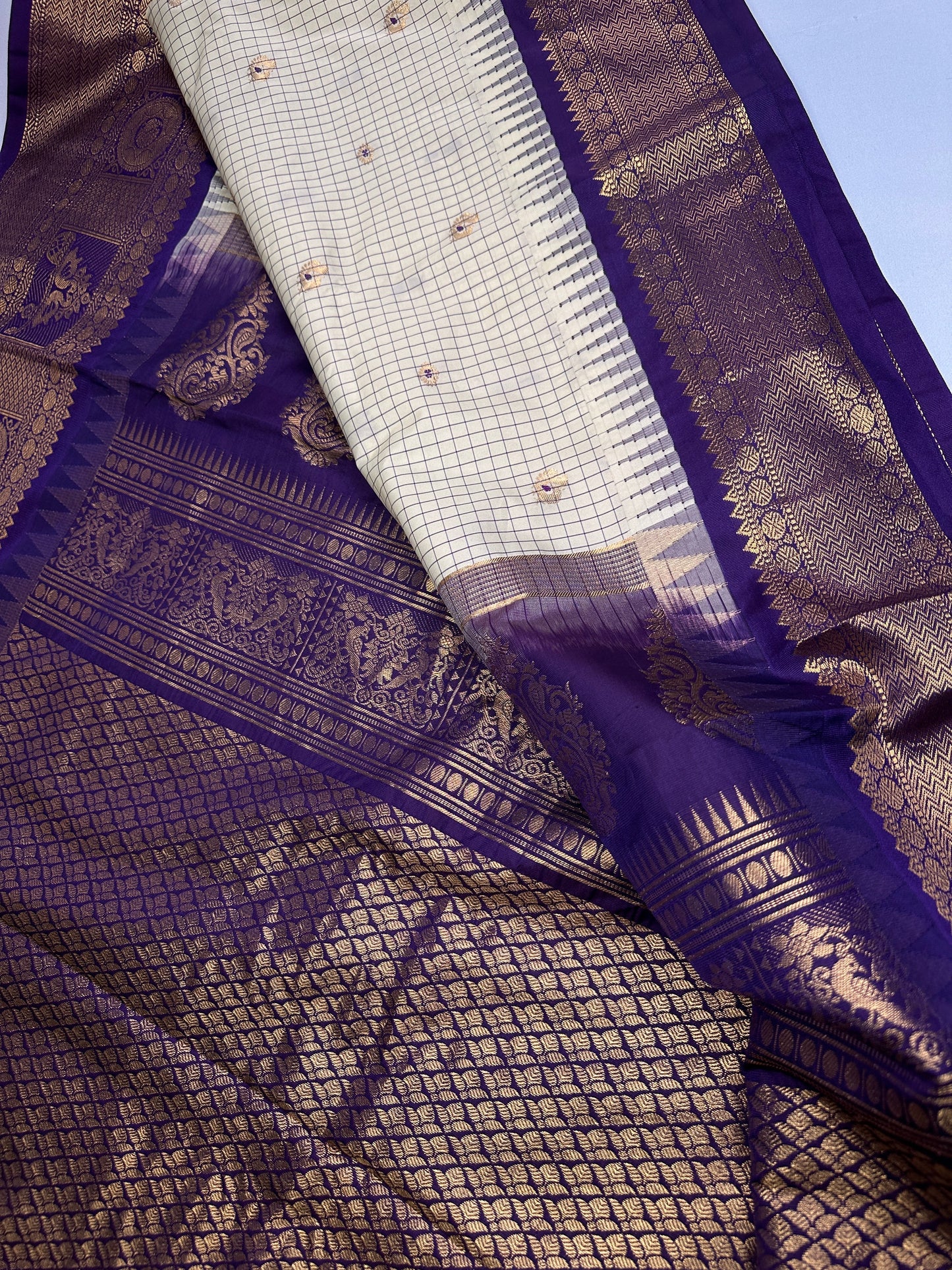 Gadwal Semi Silk Cream Purple Checks Saree