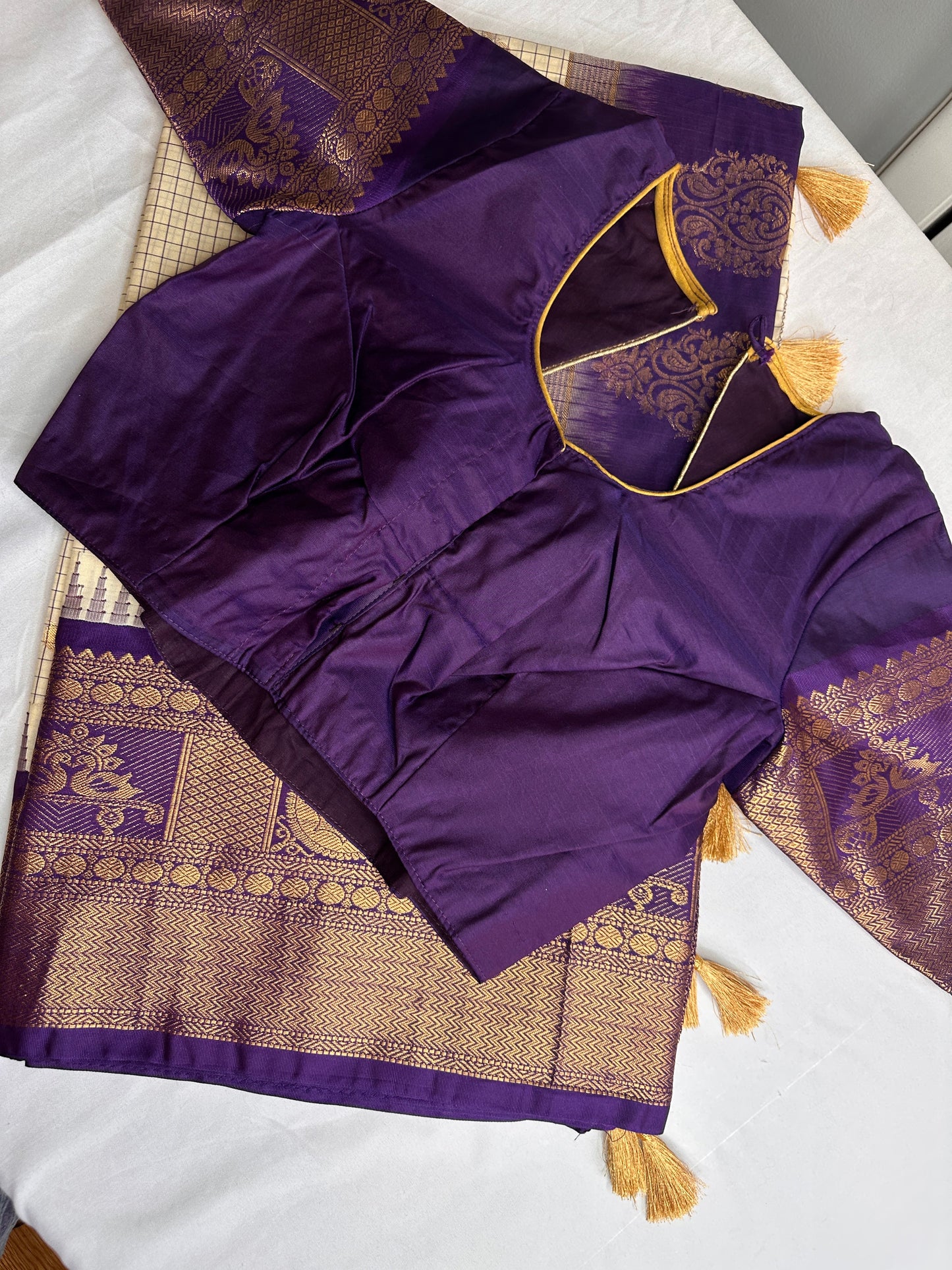 Gadwal Semi Silk Cream Purple Checks Saree