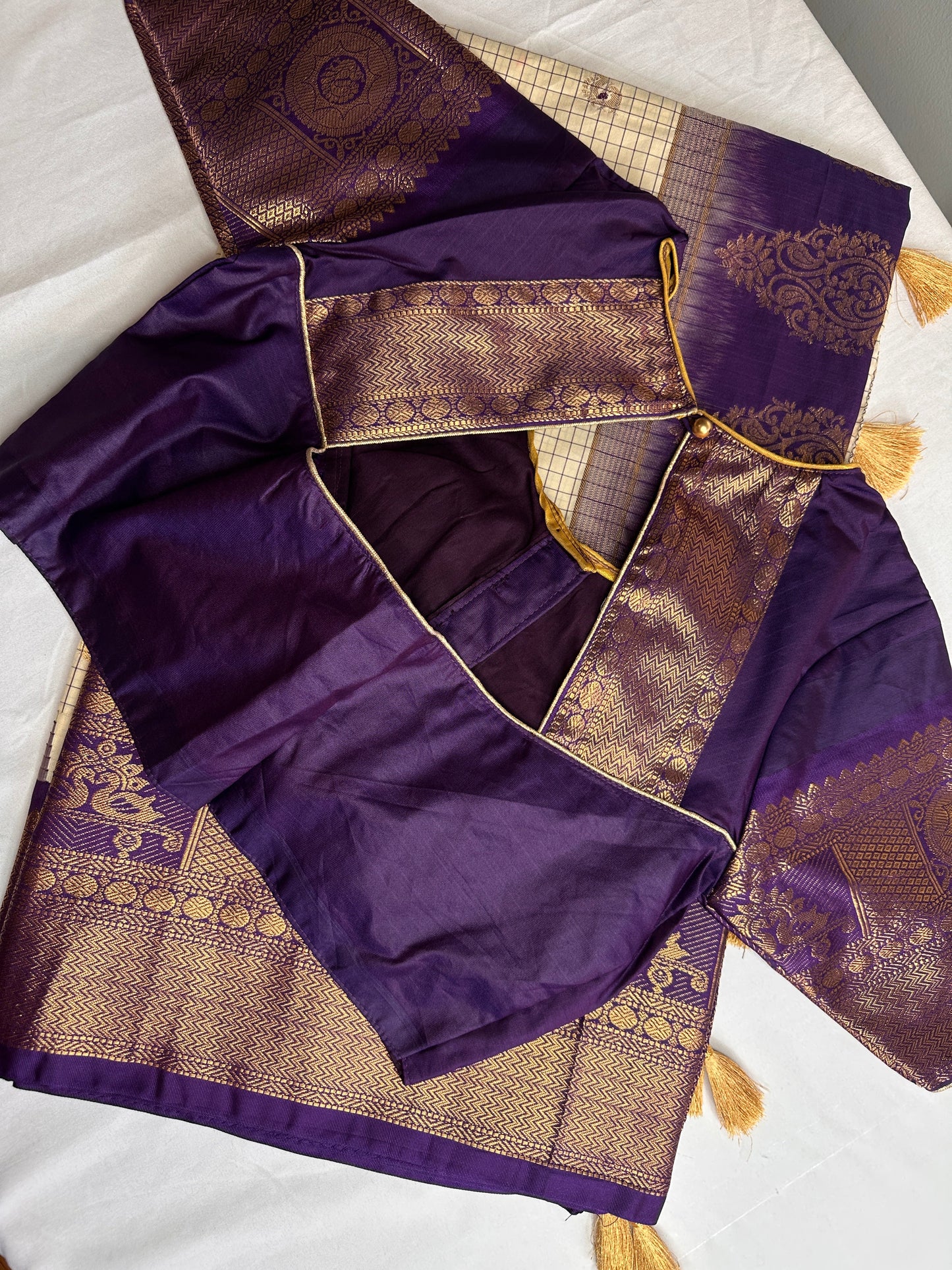 Gadwal Semi Silk Cream Purple Checks Saree
