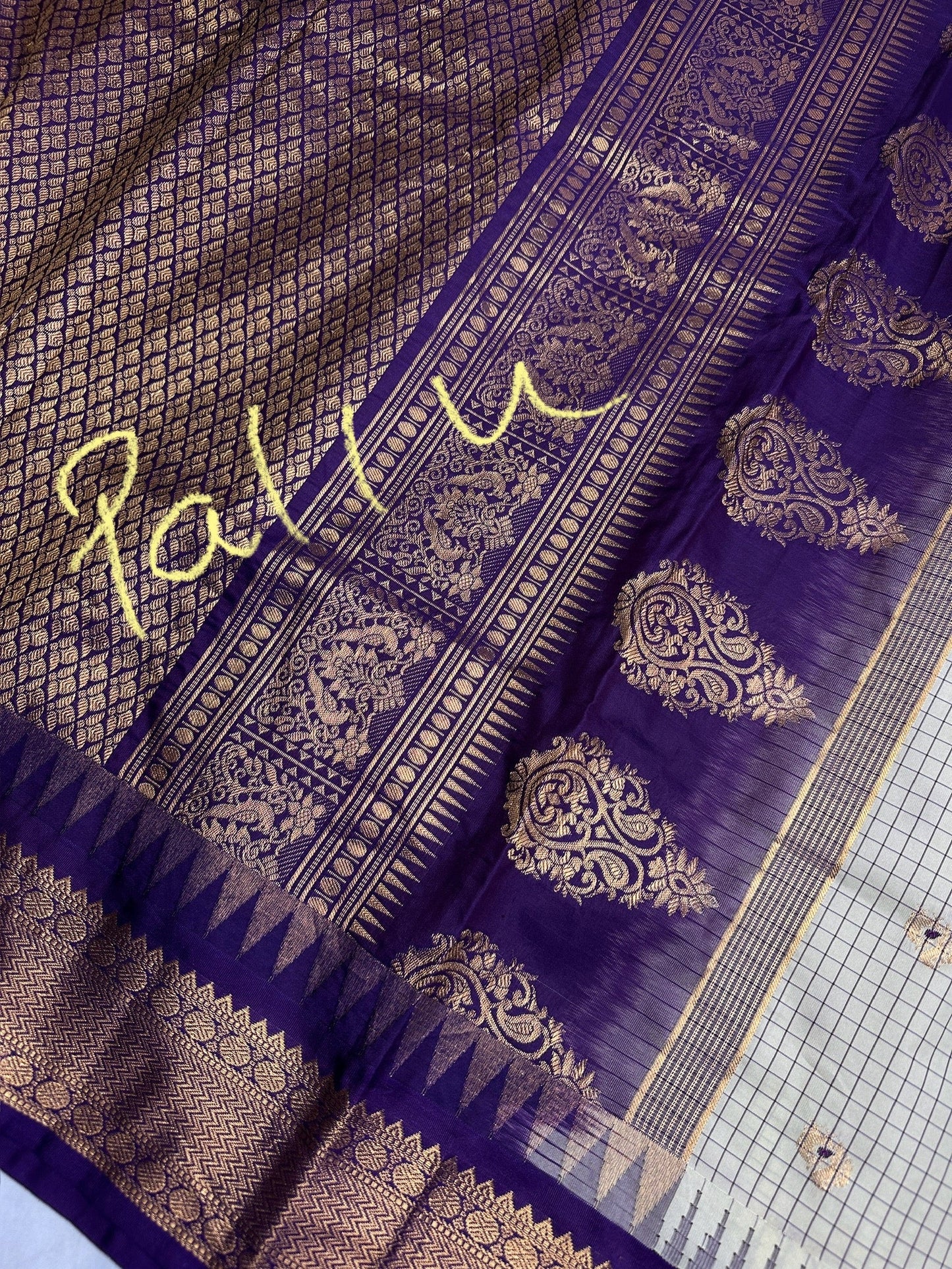 Gadwal Semi Silk Cream Purple Checks Saree