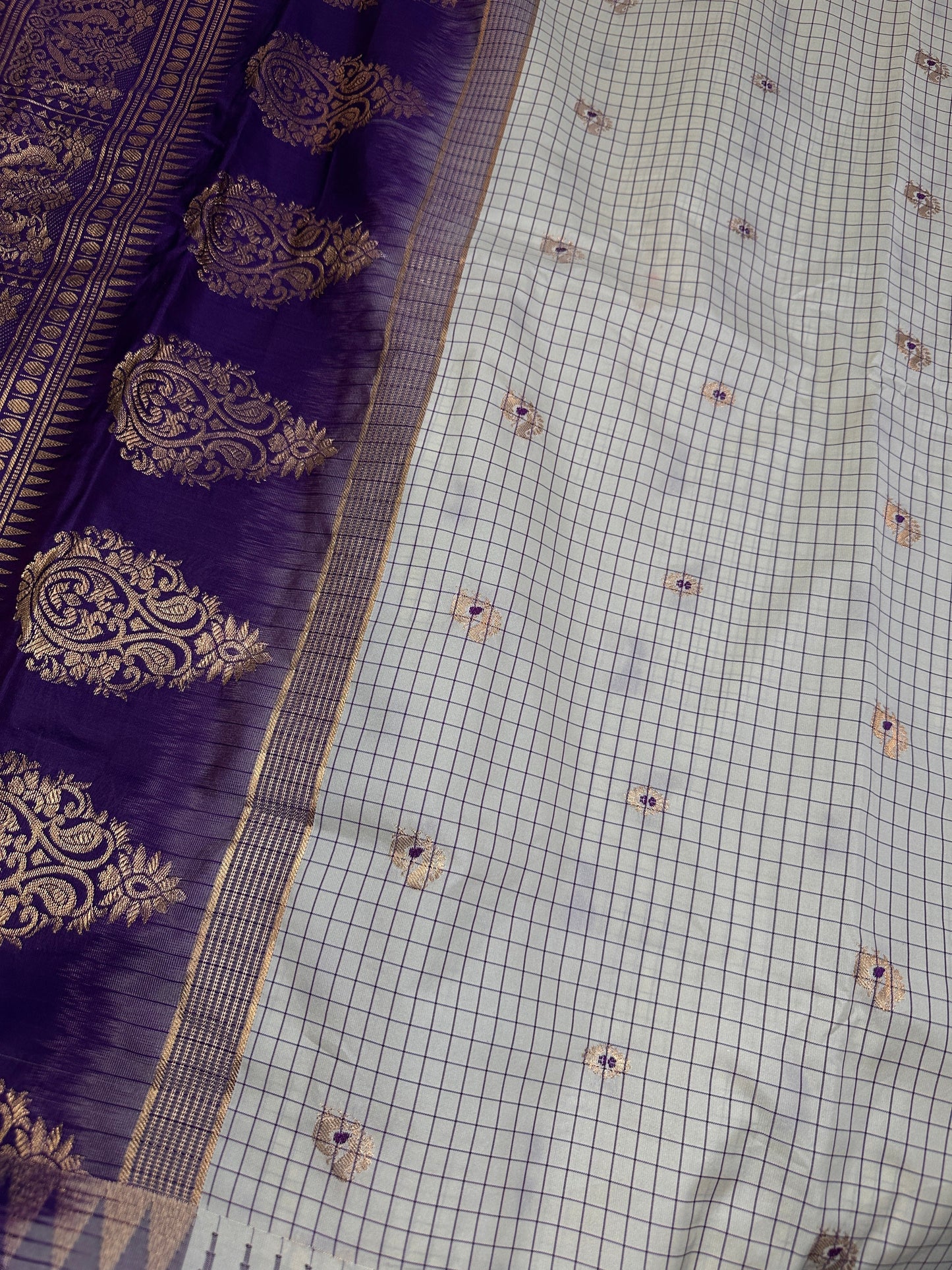Gadwal Semi Silk Cream Purple Checks Saree
