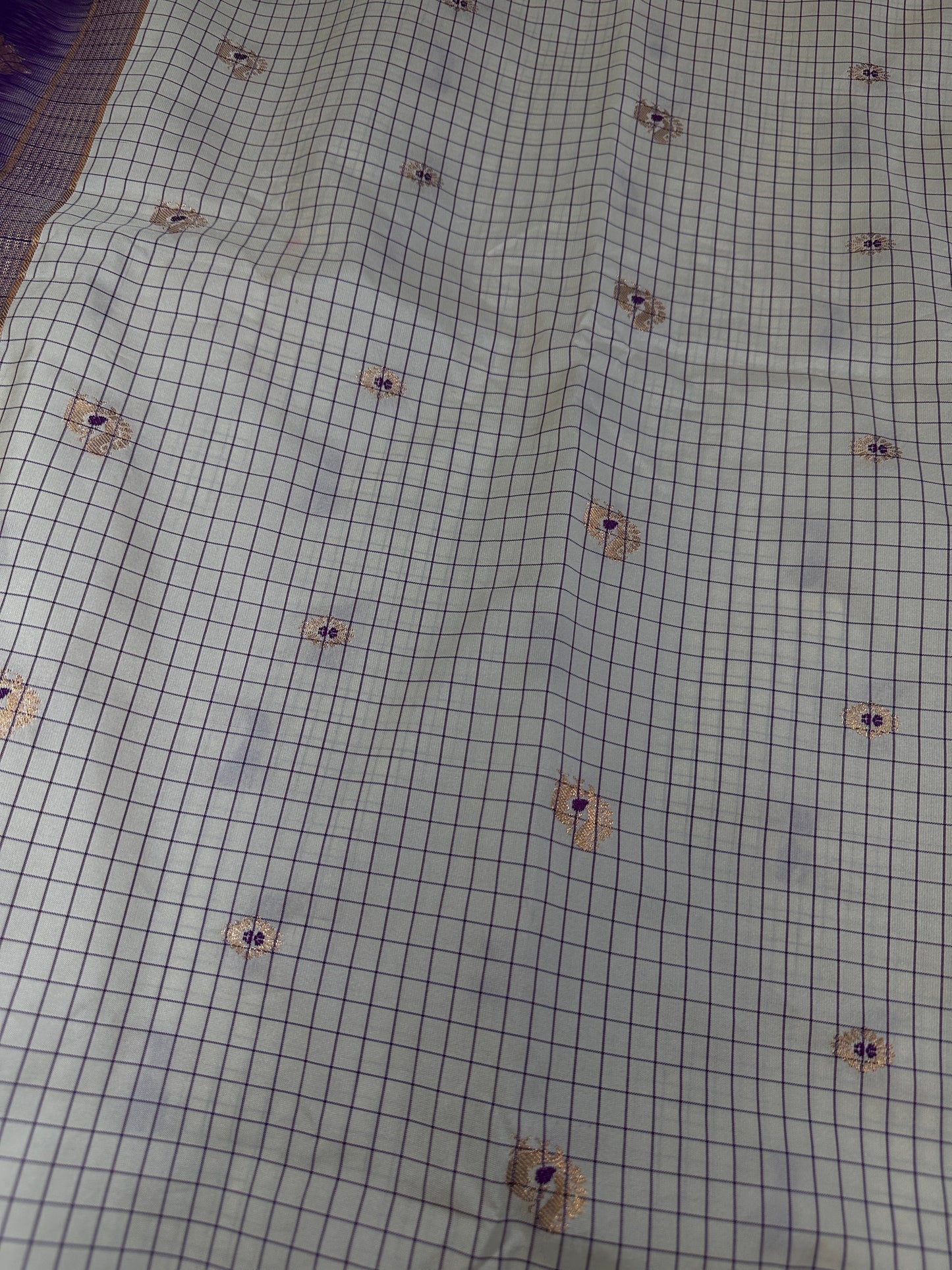 Gadwal Semi Silk Cream Purple Checks Saree