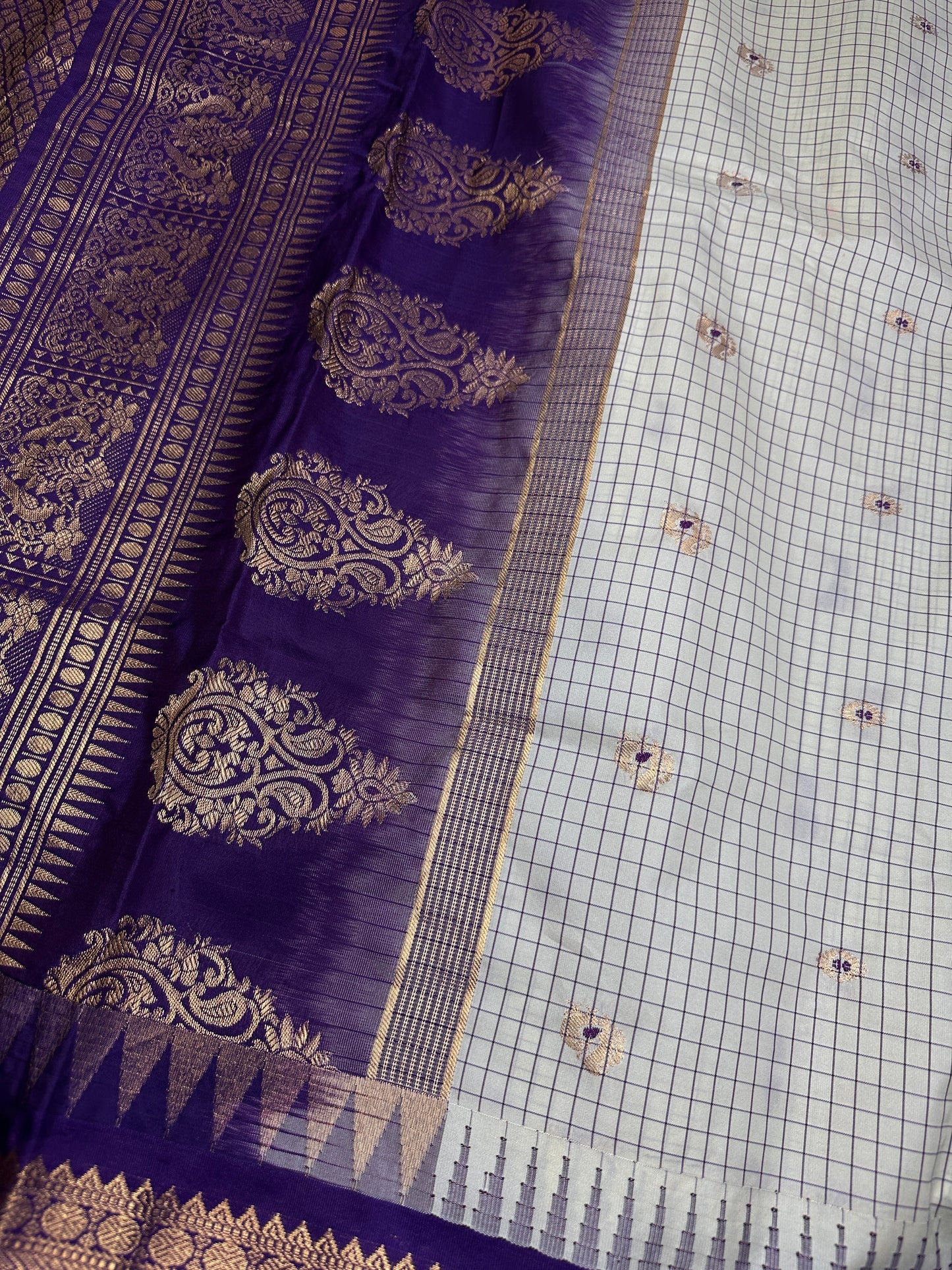Gadwal Semi Silk Cream Purple Checks Saree