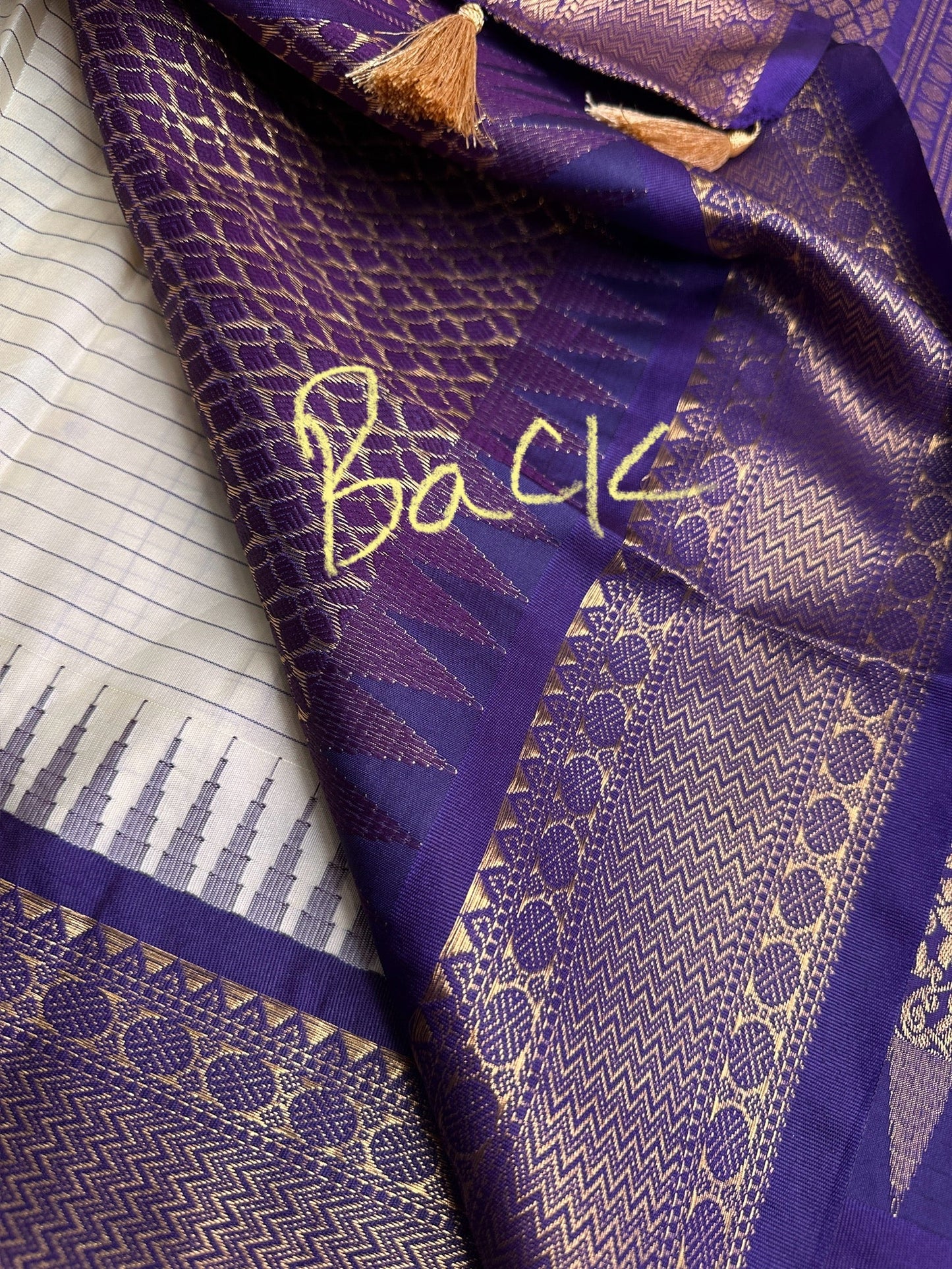 Gadwal Semi Silk Cream Purple Checks Saree