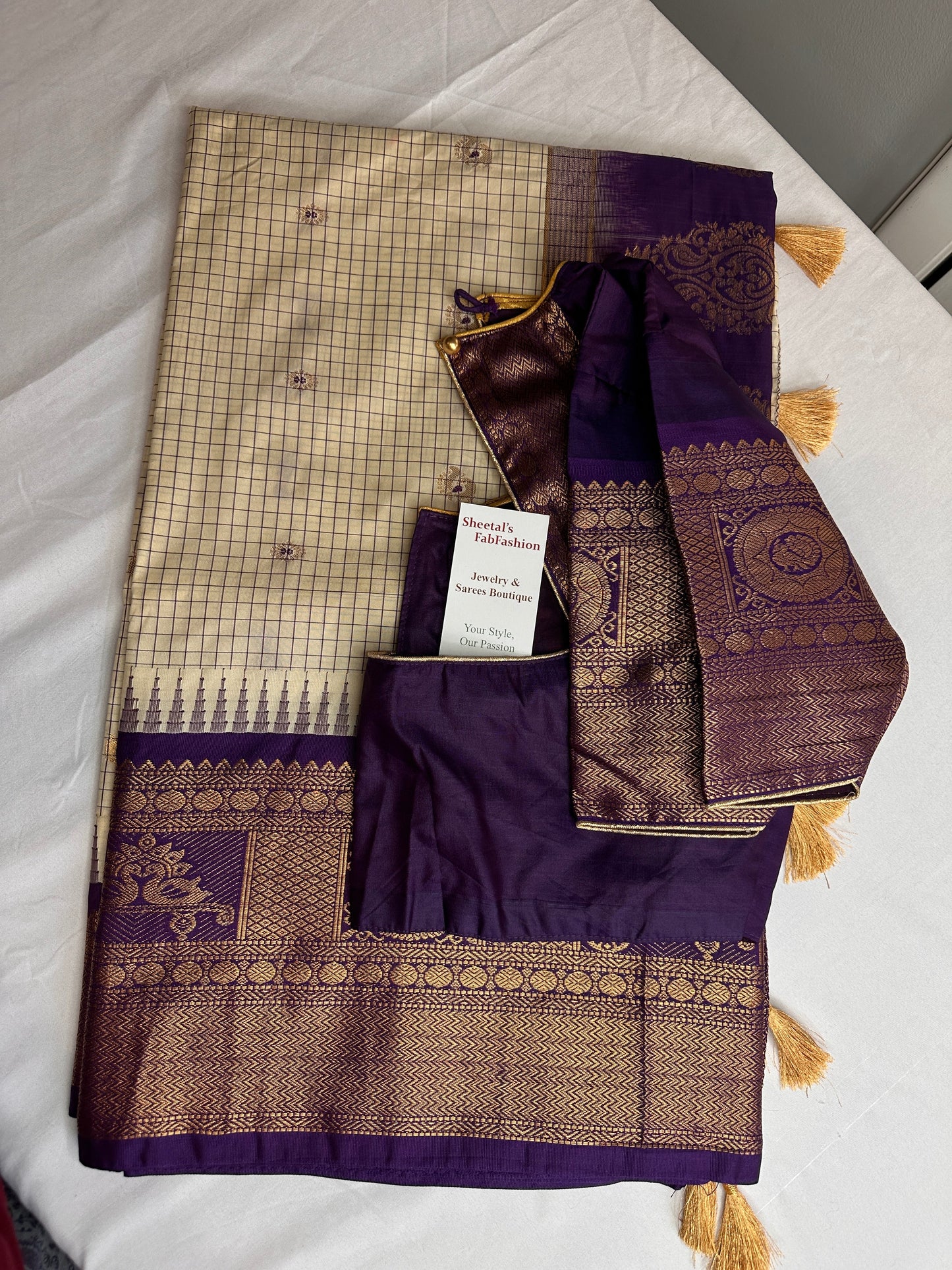 Gadwal Semi Silk Cream Purple Checks Saree