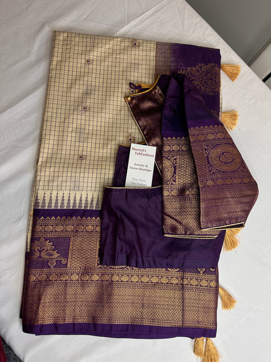 Gadwal Semi Silk Cream Purple Checks Saree