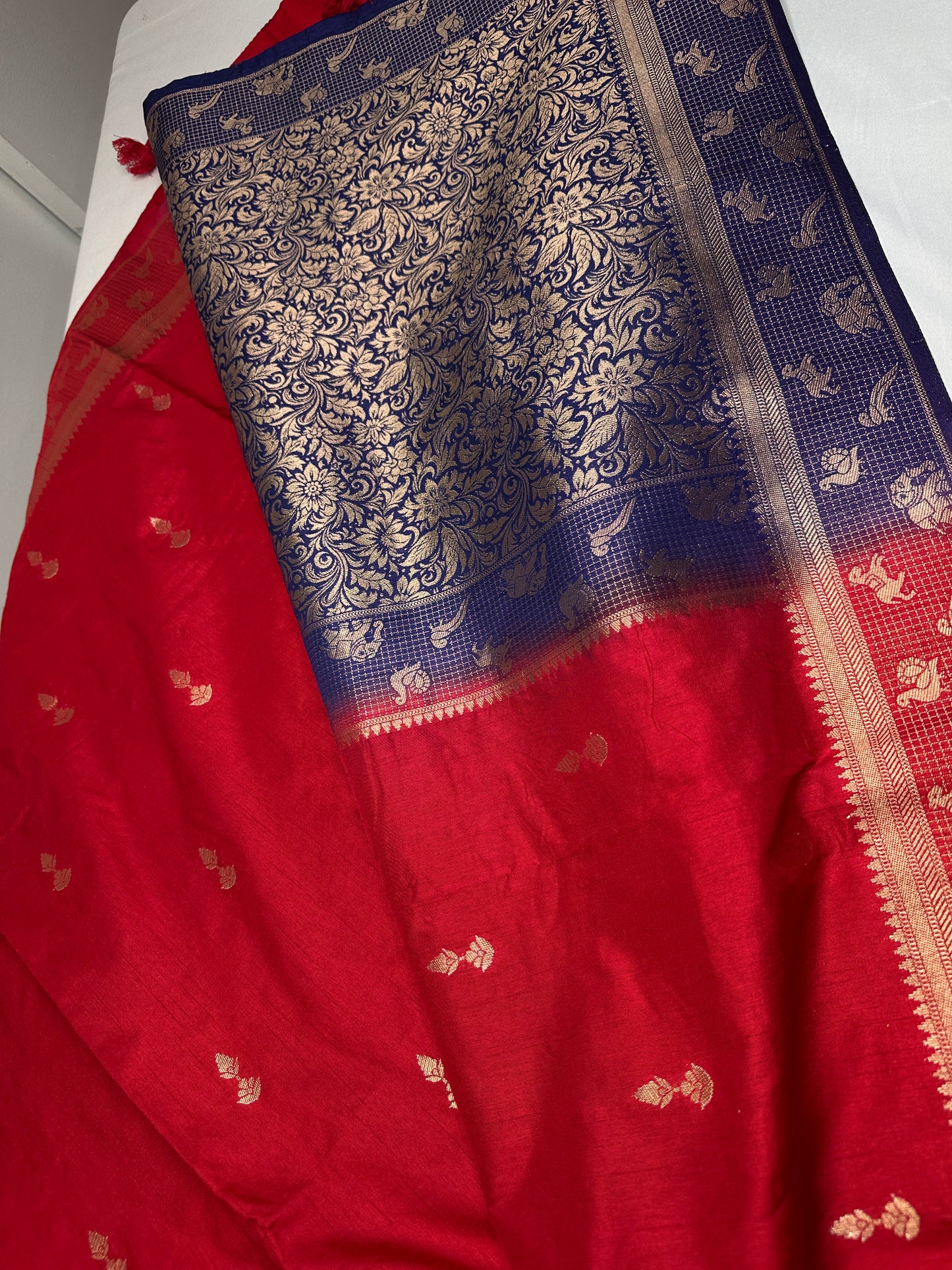 Raw Mango Silk Red Blue Light Weight Saree