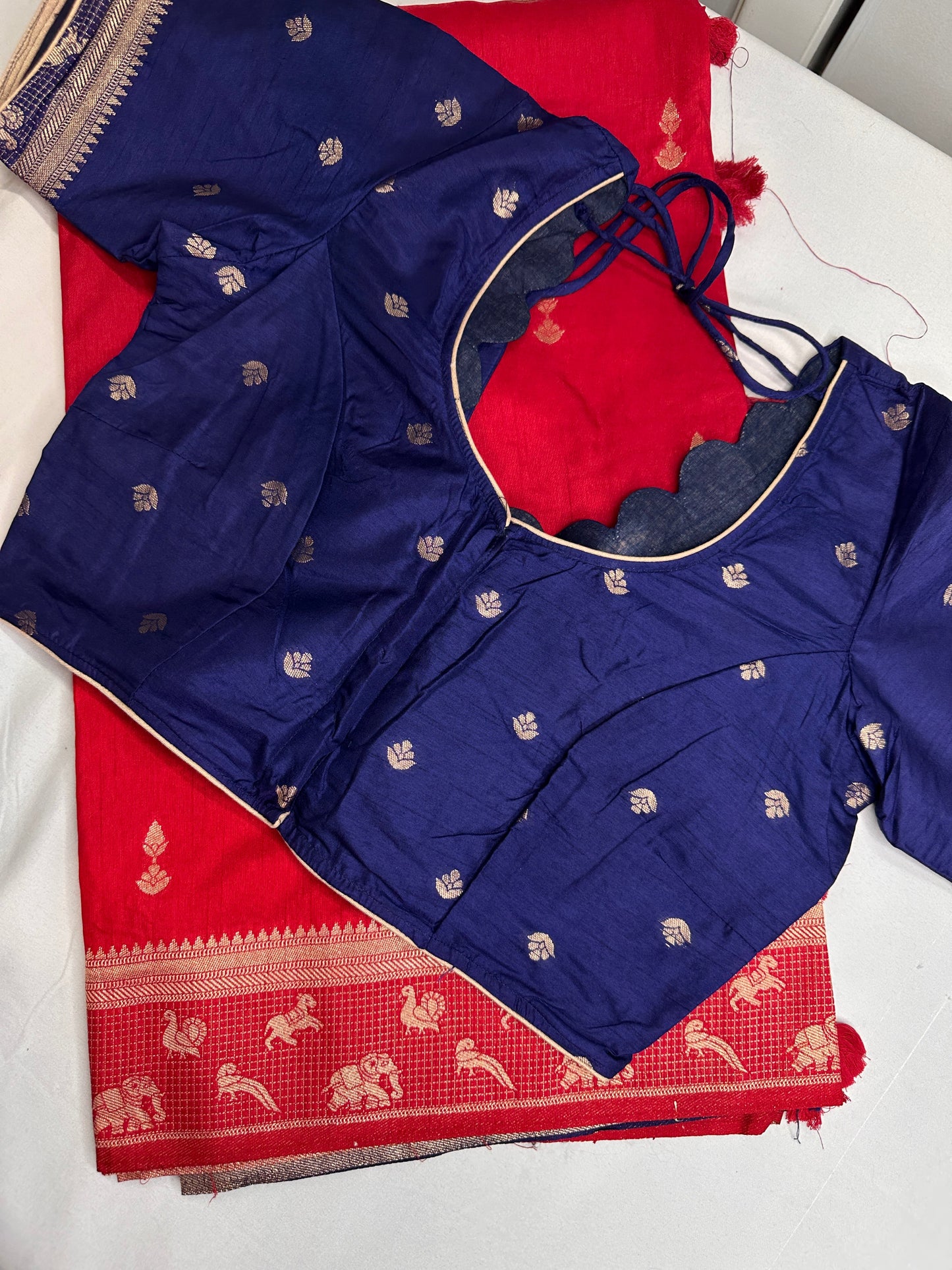 Raw Mango Silk Red Blue Light Weight Saree