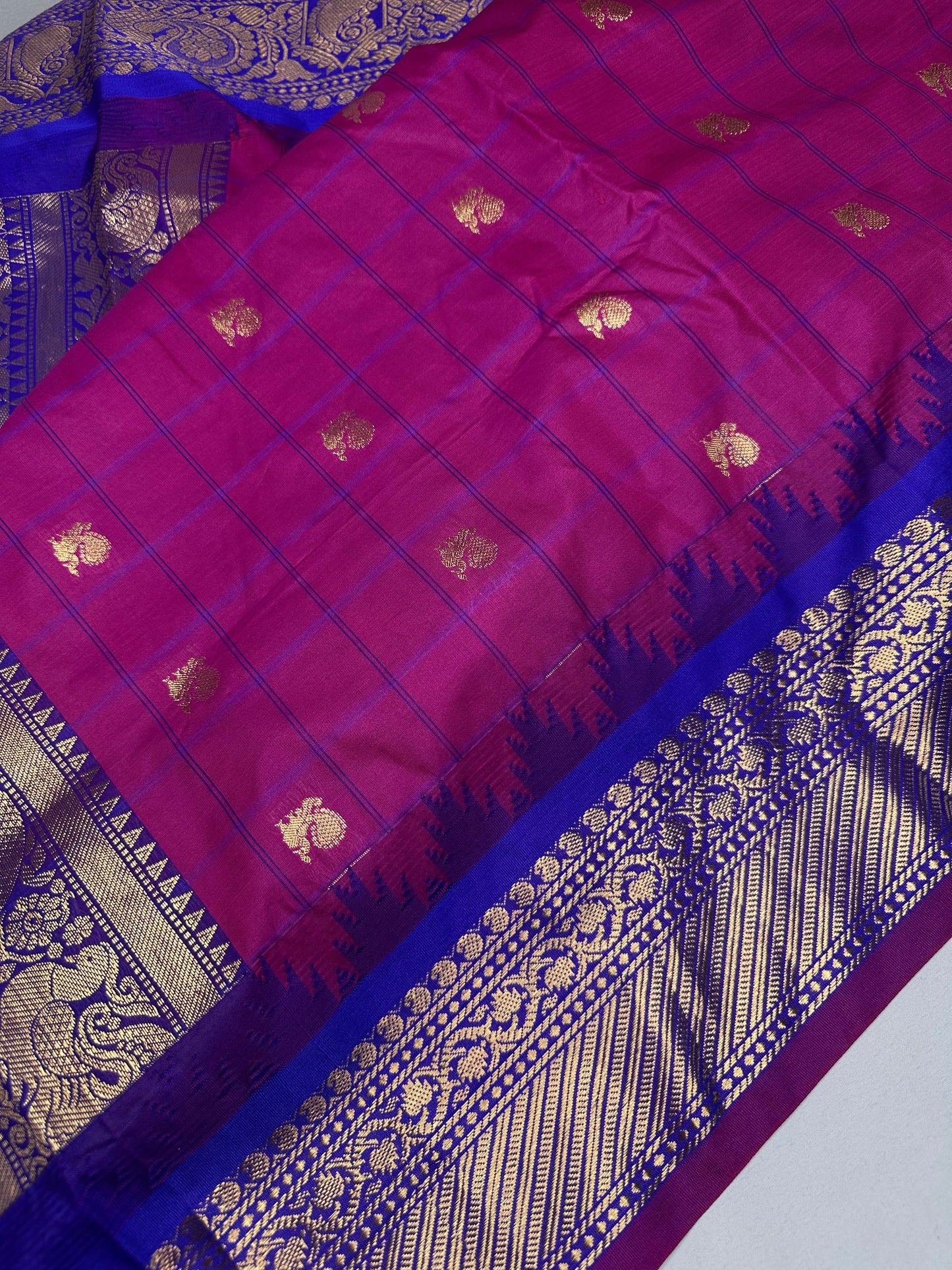 Gadwal Semi Silk Pink Blue Checks Saree