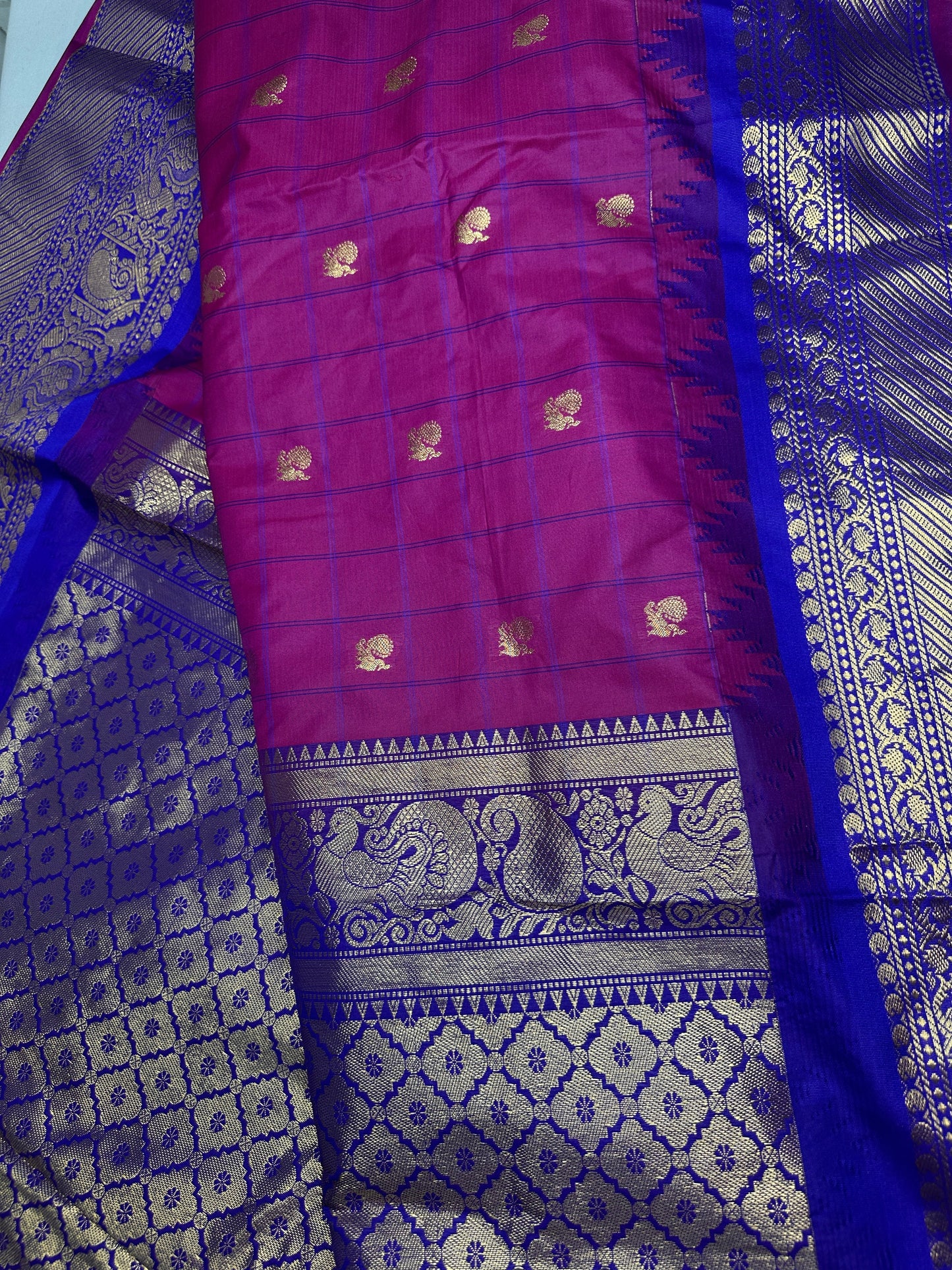 Gadwal Semi Silk Pink Blue Checks Saree