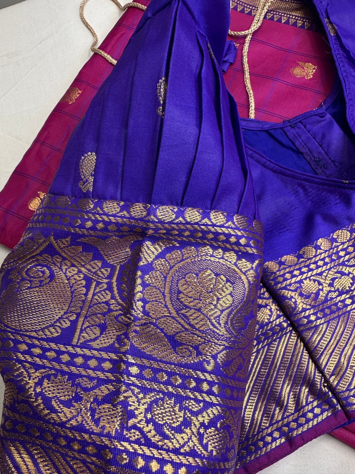 Gadwal Semi Silk Pink Blue Checks Saree