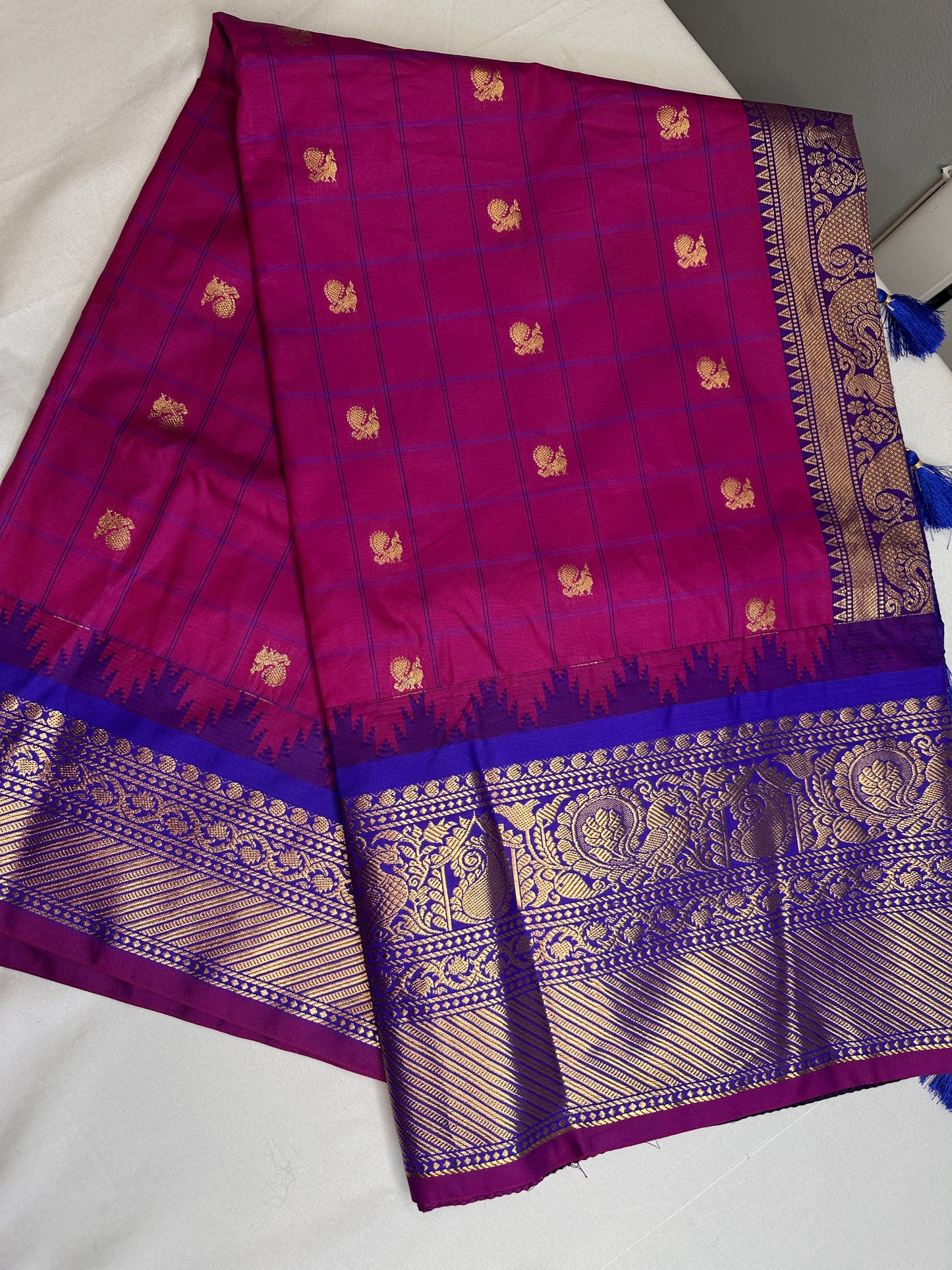 Gadwal Semi Silk Pink Blue Checks Saree