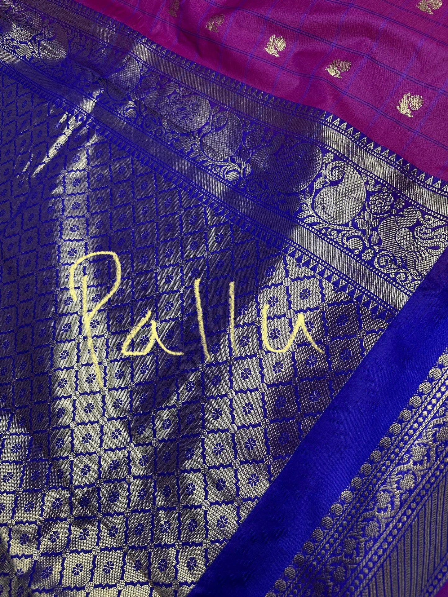 Gadwal Semi Silk Pink Blue Checks Saree