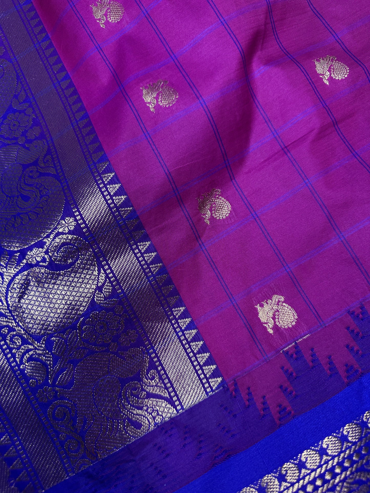 Gadwal Semi Silk Pink Blue Checks Saree