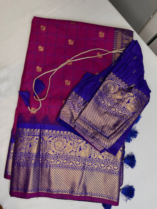 Gadwal Semi Silk Pink Blue Checks Saree