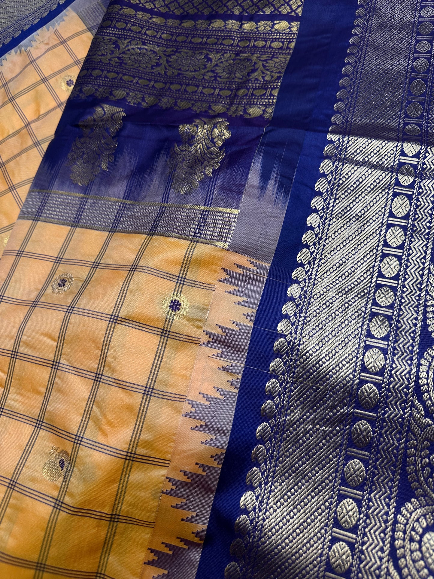 Gadwal Semi Silk Yellow Blue Checks Saree
