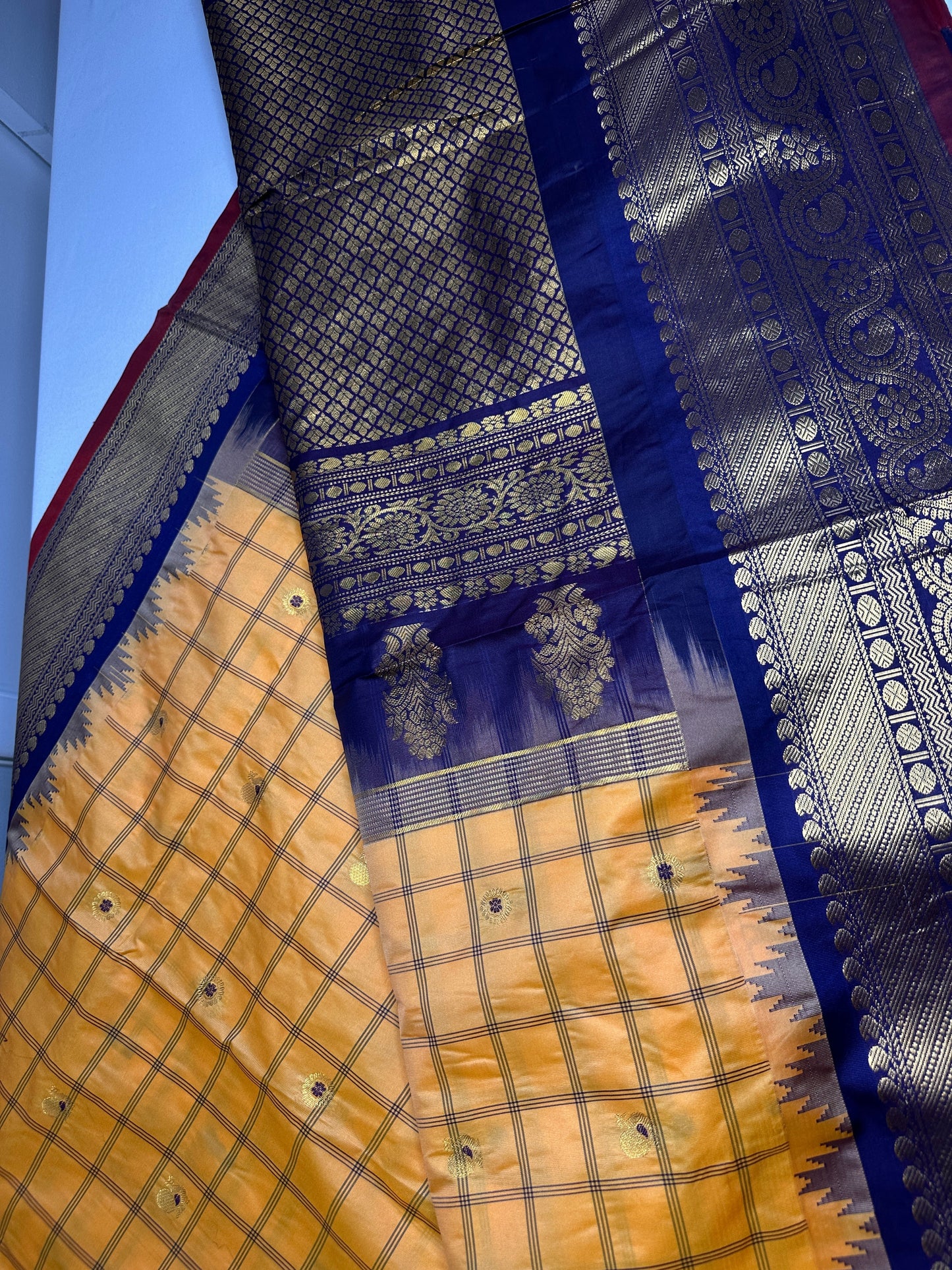Gadwal Semi Silk Yellow Blue Checks Saree