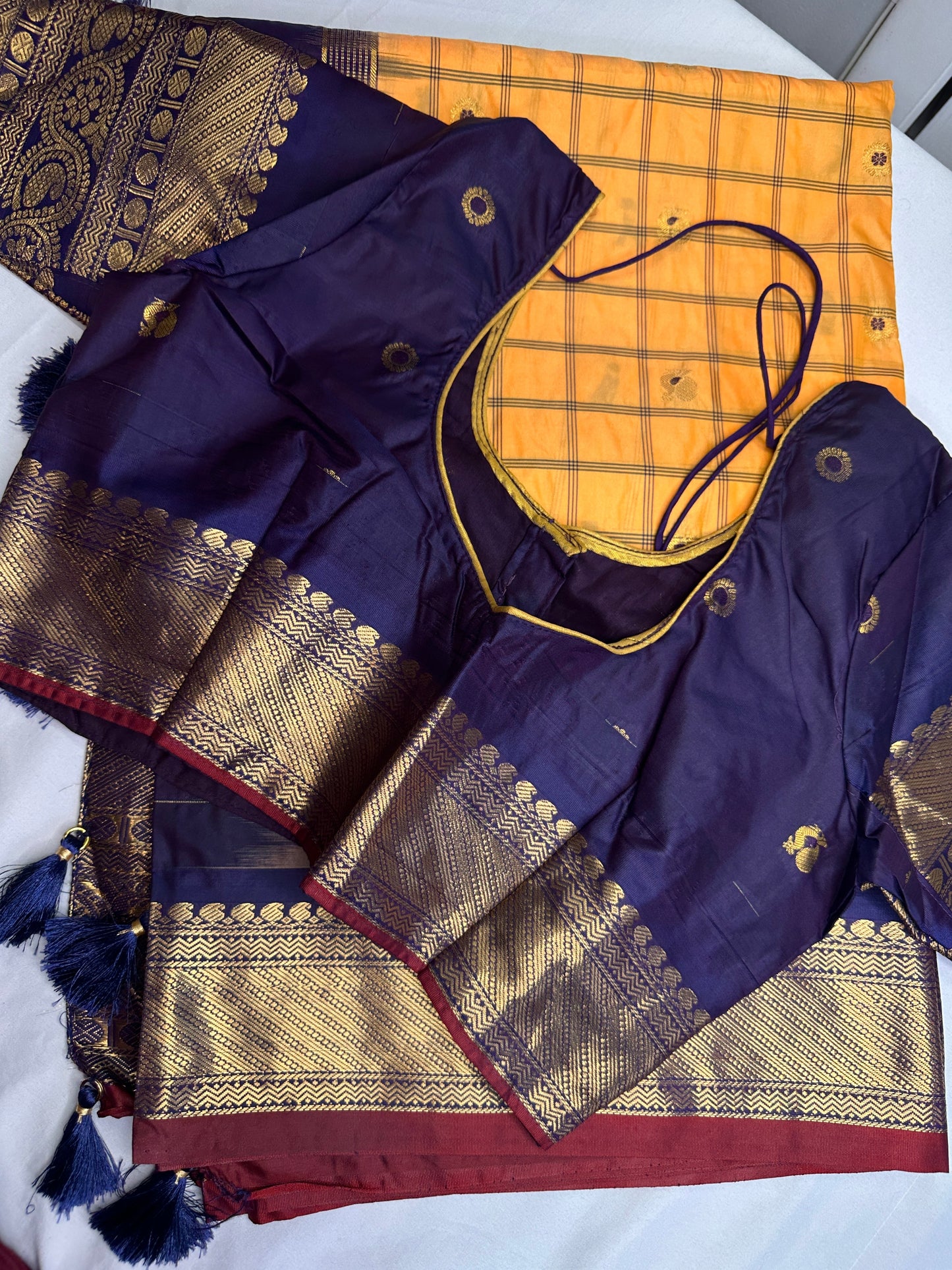 Gadwal Semi Silk Yellow Blue Checks Saree