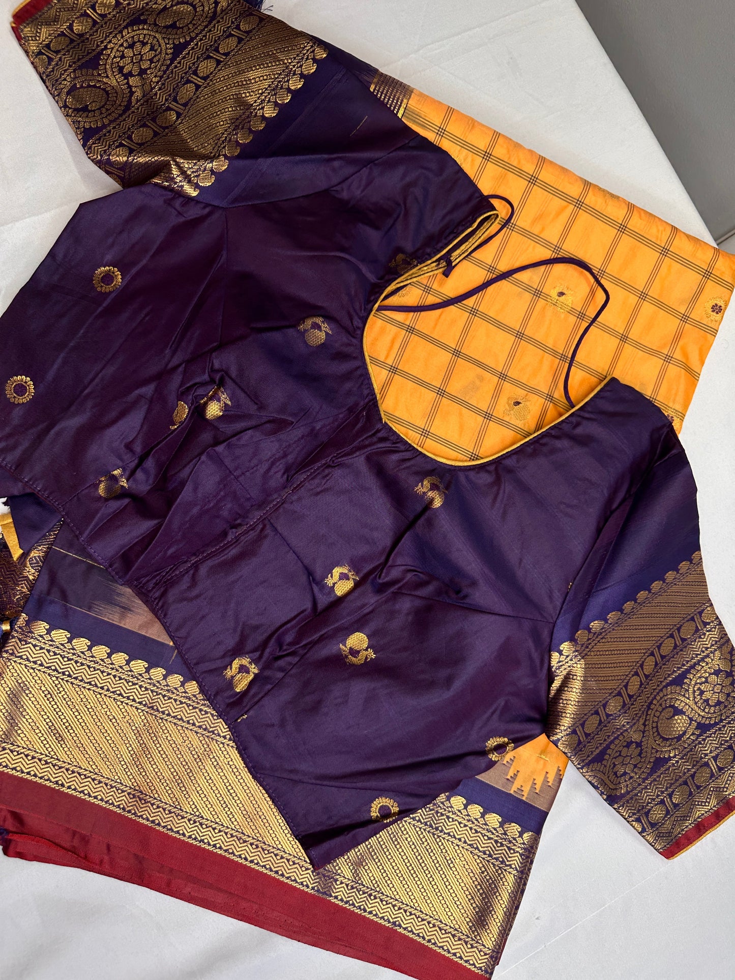 Gadwal Semi Silk Yellow Blue Checks Saree