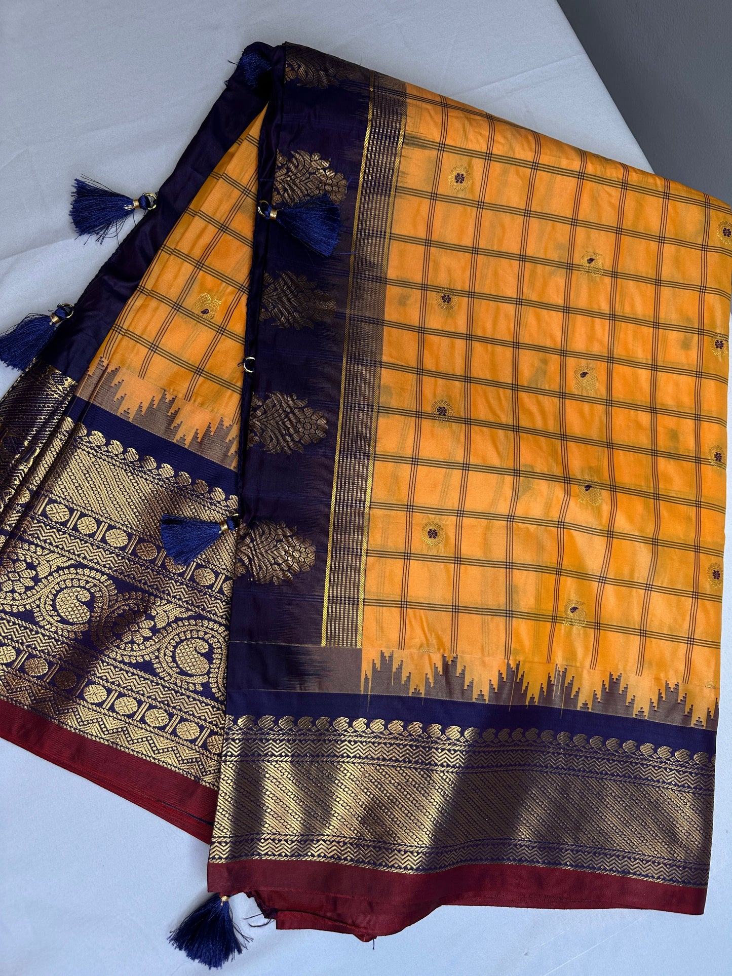 Gadwal Semi Silk Yellow Blue Checks Saree