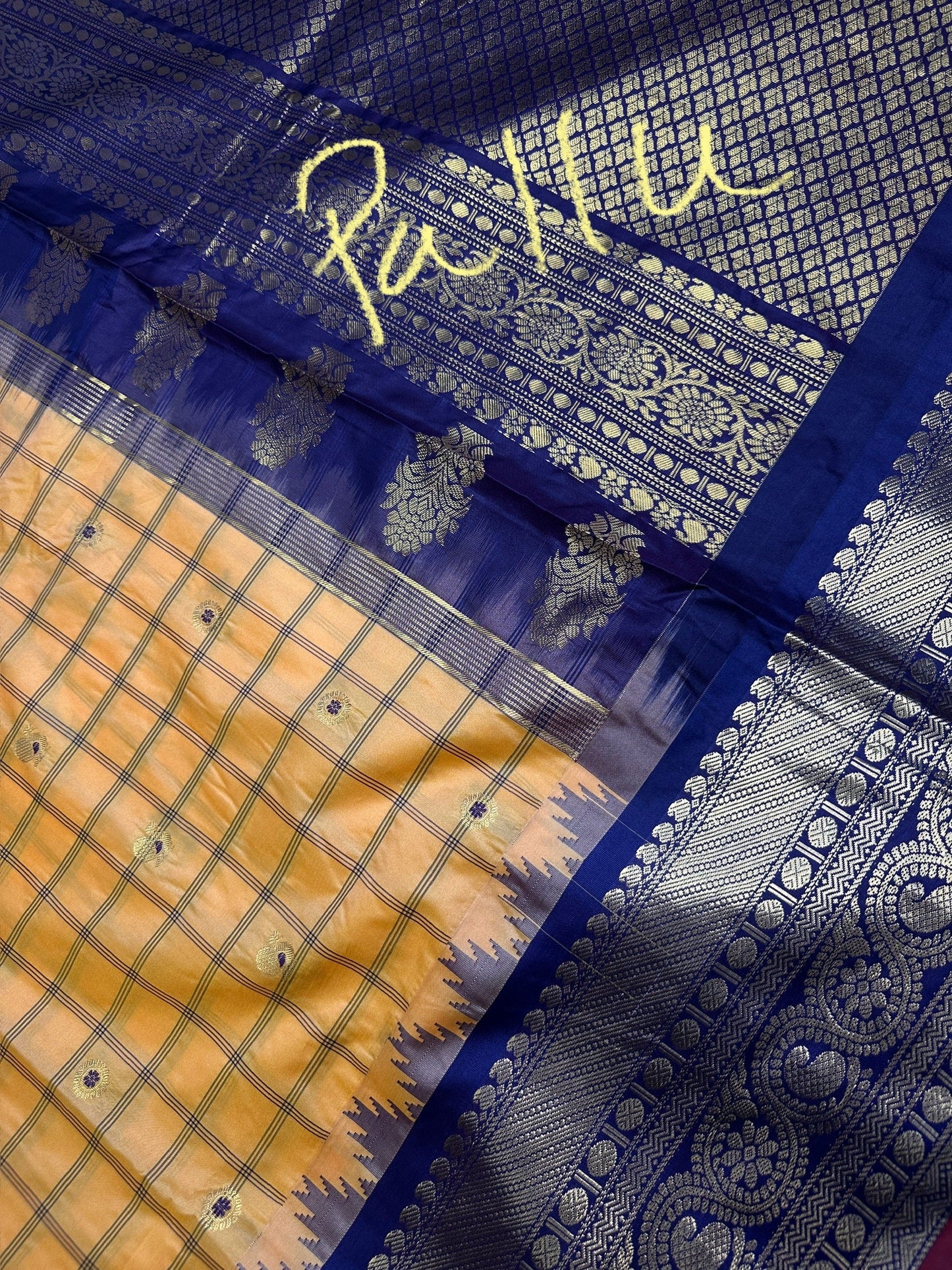 Gadwal Semi Silk Yellow Blue Checks Saree