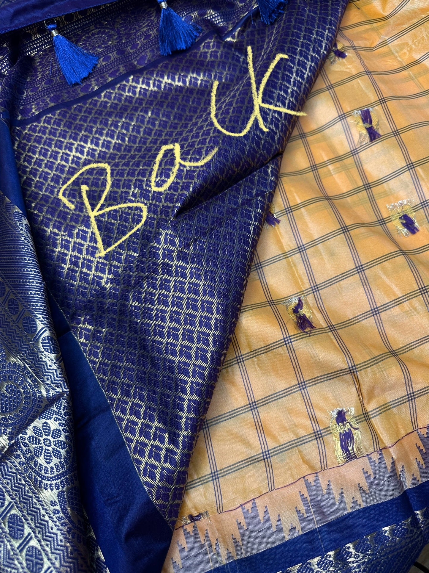 Gadwal Semi Silk Yellow Blue Checks Saree