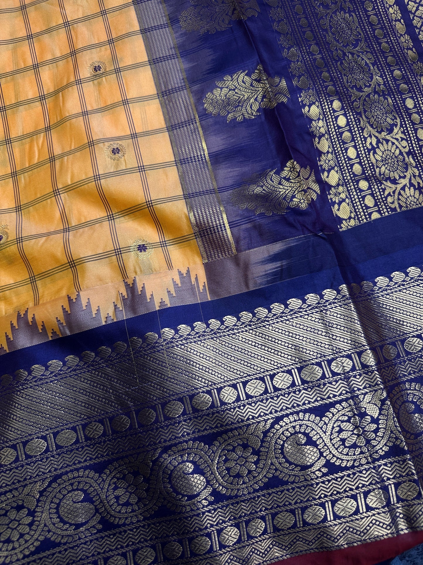 Gadwal Semi Silk Yellow Blue Checks Saree