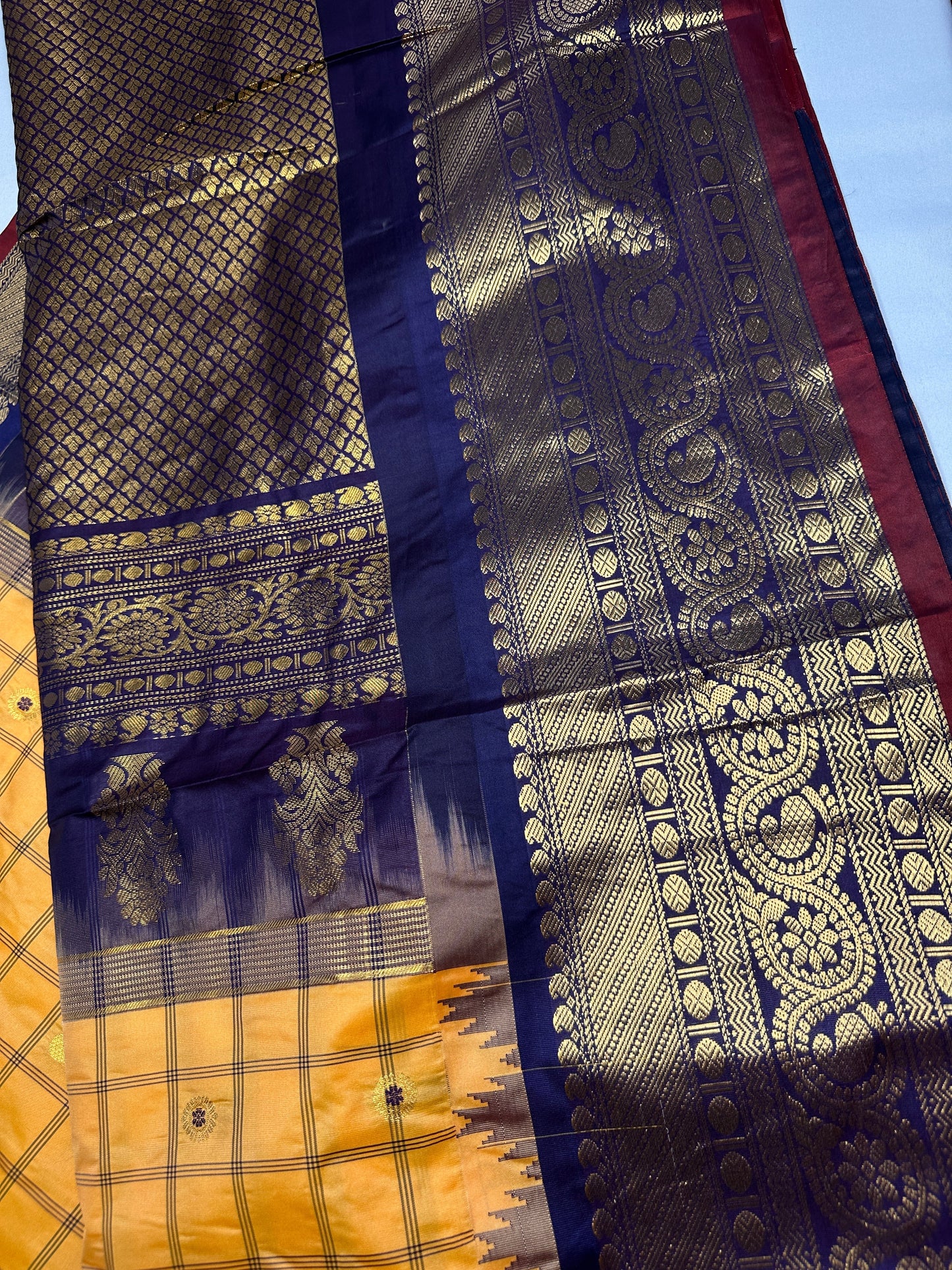 Gadwal Semi Silk Yellow Blue Checks Saree