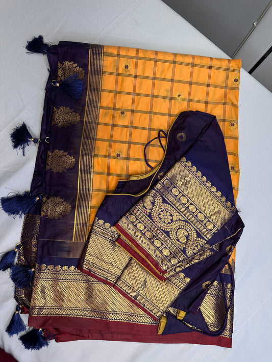 Gadwal Semi Silk Yellow Blue Checks Saree