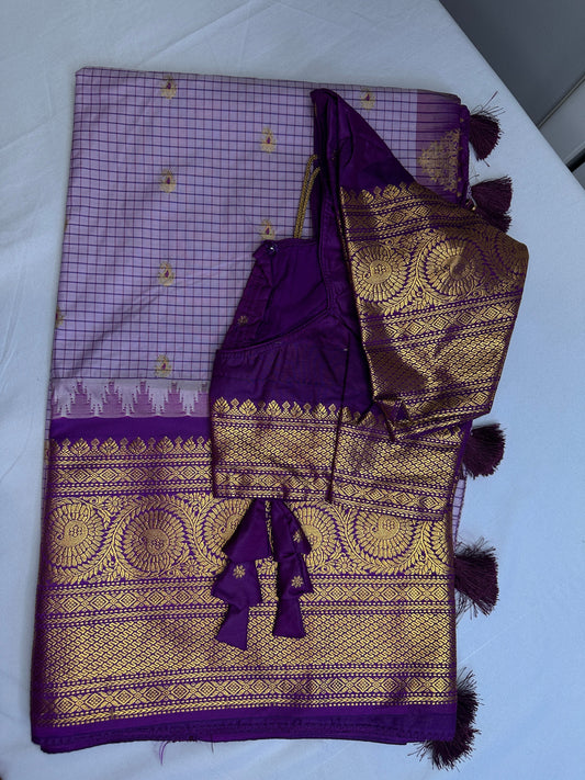 Gadwal Semi Silk Lavender Purple Checks Saree