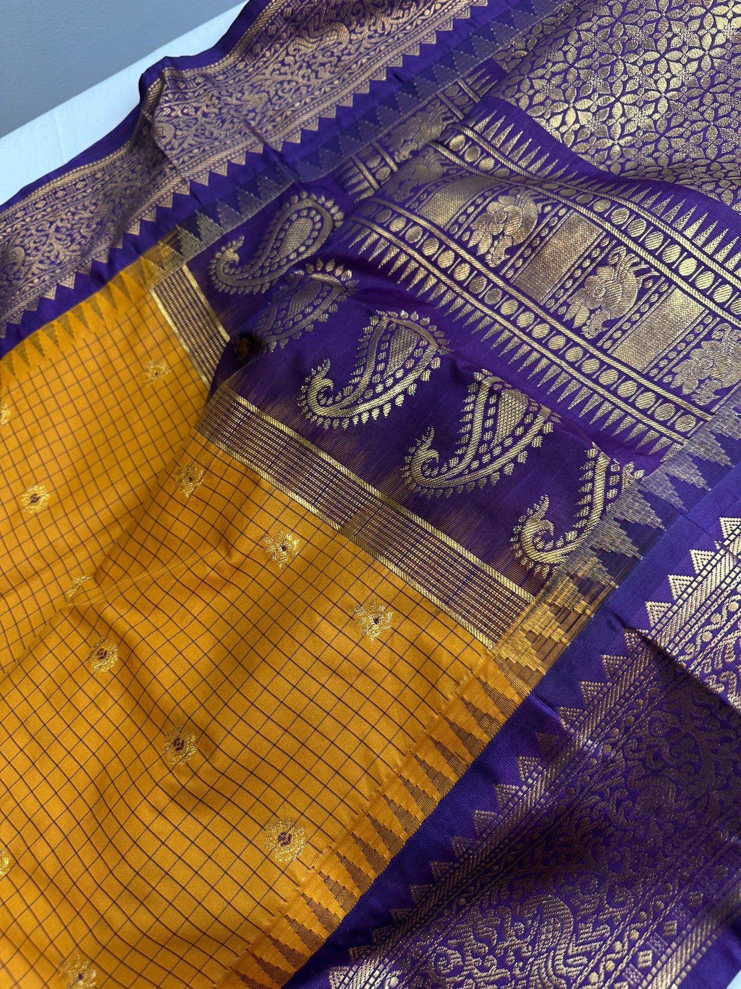 Gadwal Semi Silk Mustard Yellow Checks Saree