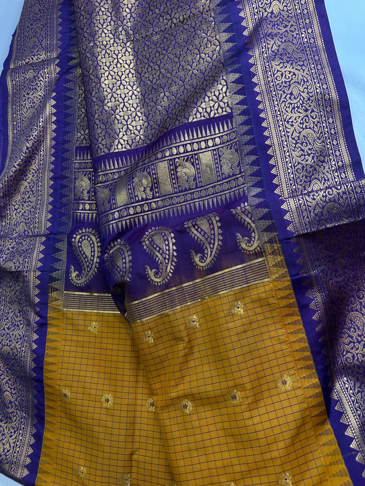 Gadwal Semi Silk Mustard Yellow Checks Saree
