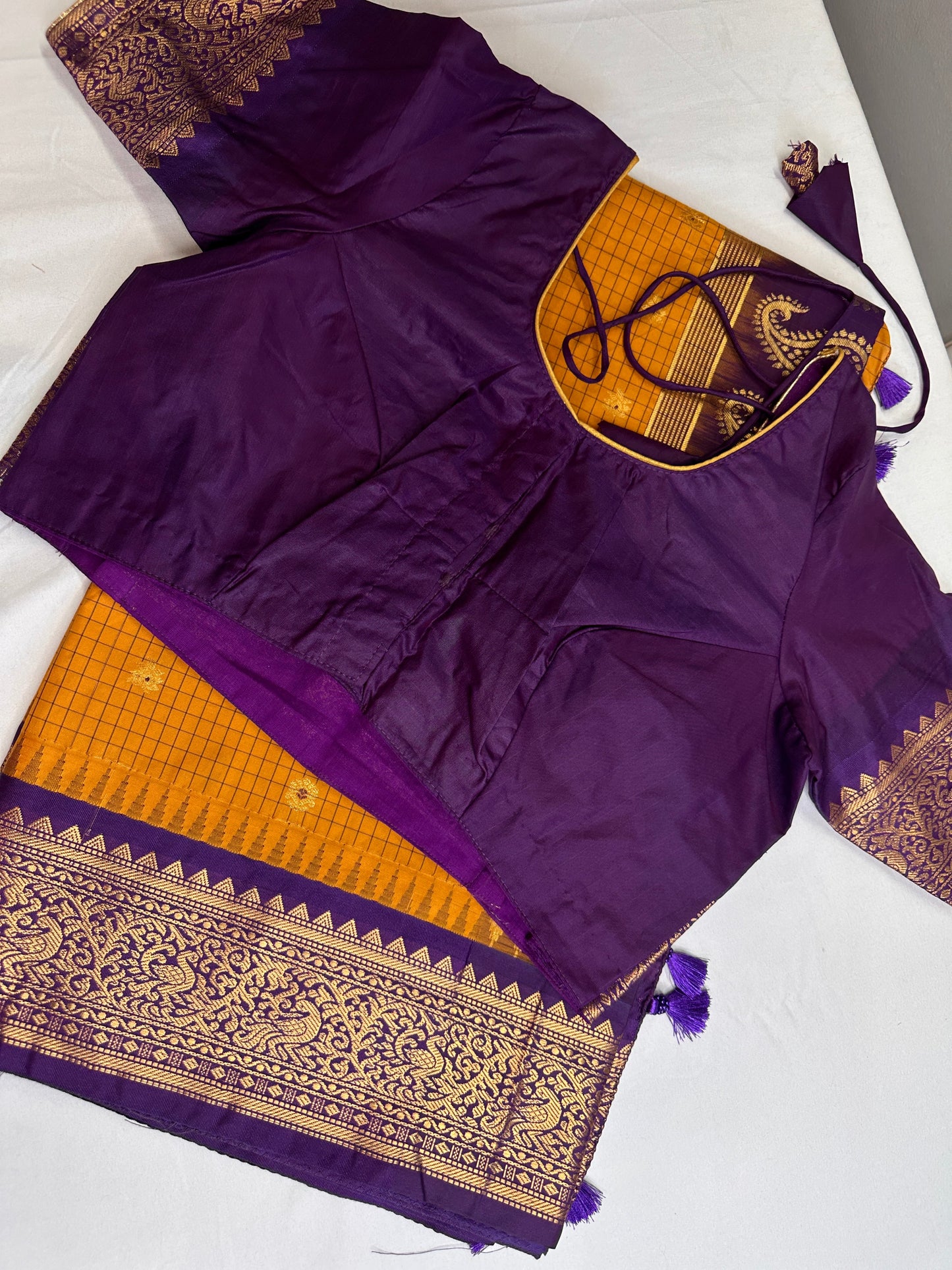 Gadwal Semi Silk Mustard Yellow Checks Saree