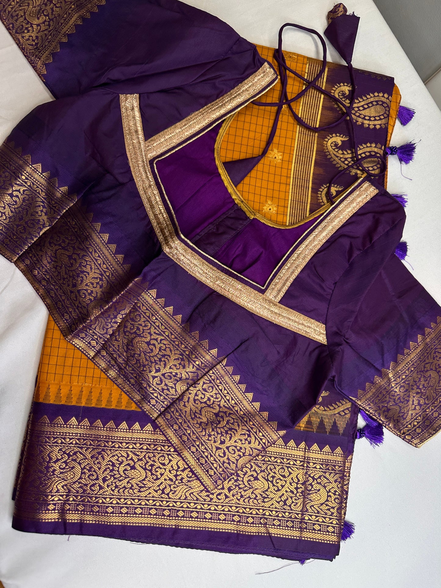 Gadwal Semi Silk Mustard Yellow Checks Saree