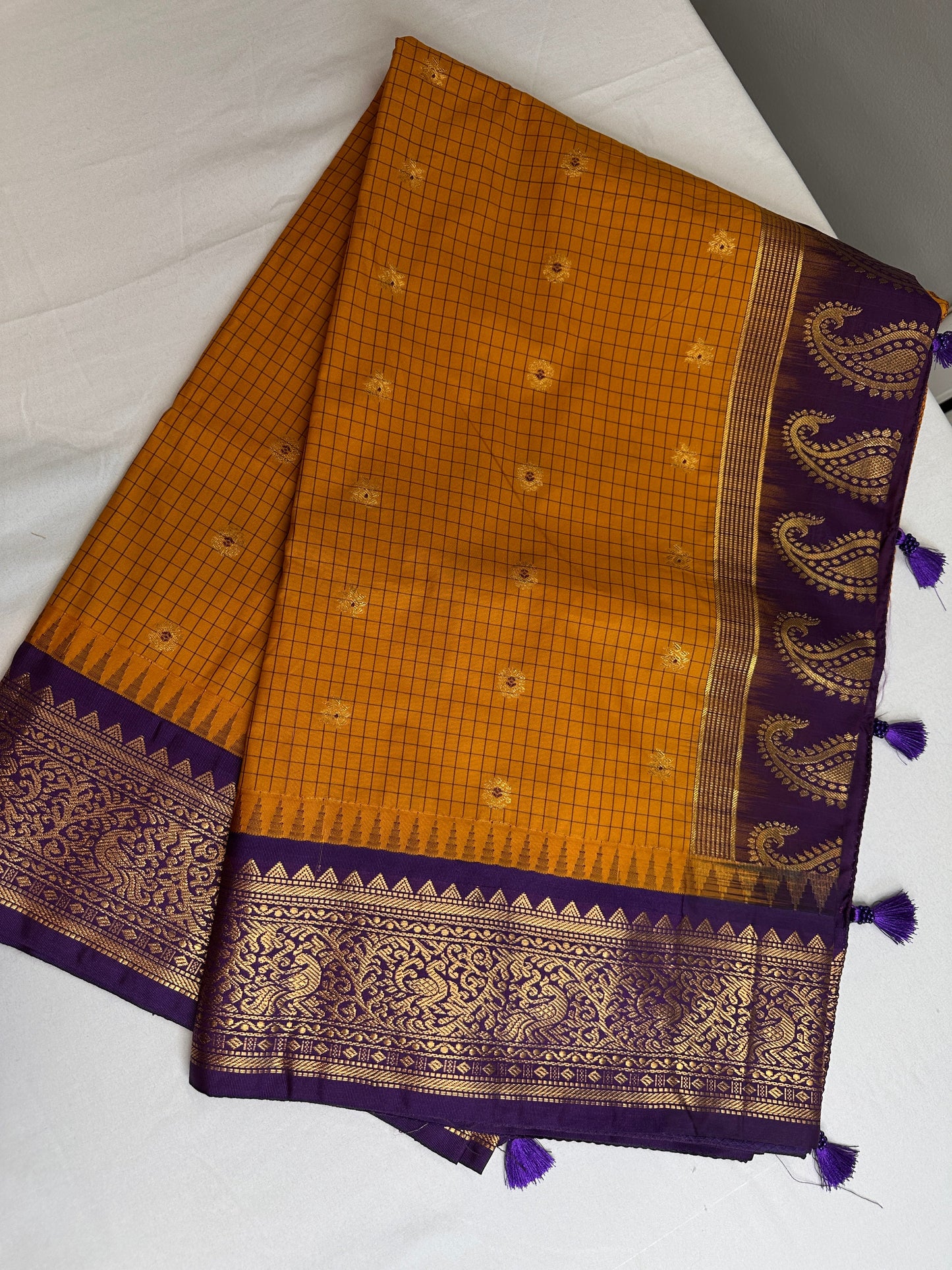 Gadwal Semi Silk Mustard Yellow Checks Saree