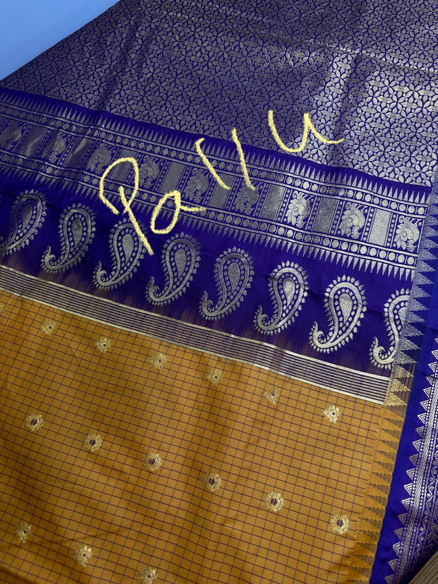 Gadwal Semi Silk Mustard Yellow Checks Saree
