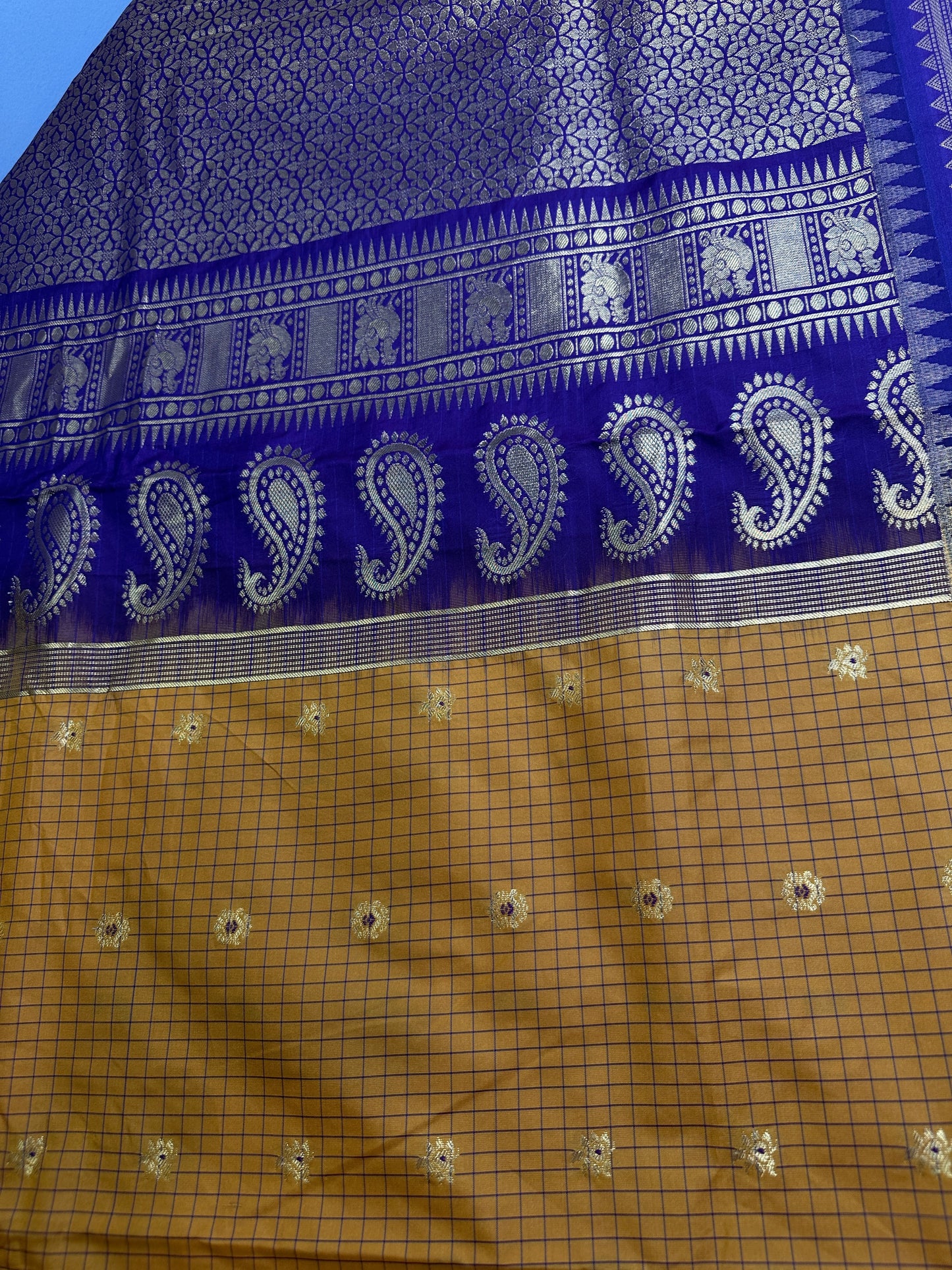 Gadwal Semi Silk Mustard Yellow Checks Saree
