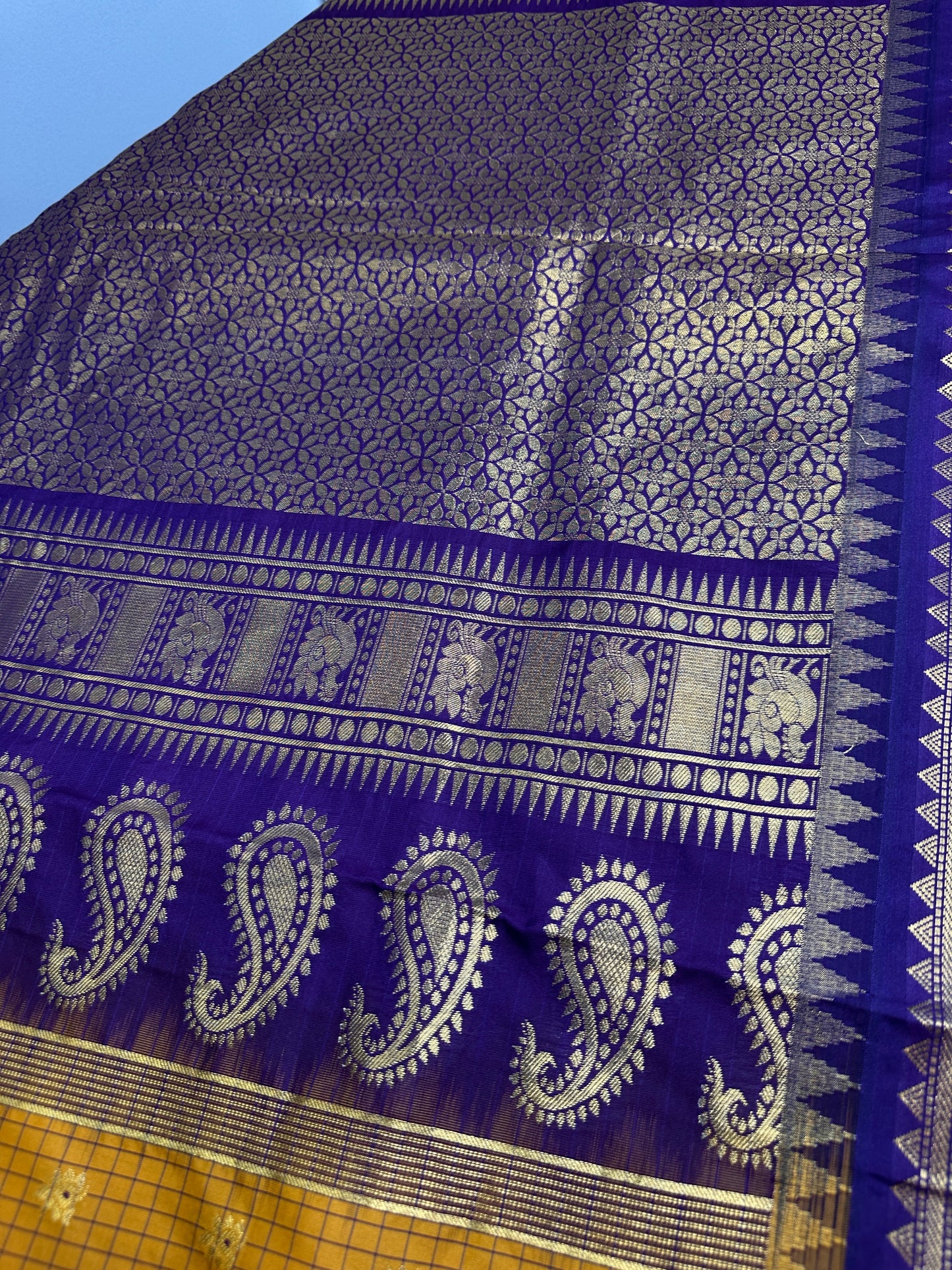 Gadwal Semi Silk Mustard Yellow Checks Saree