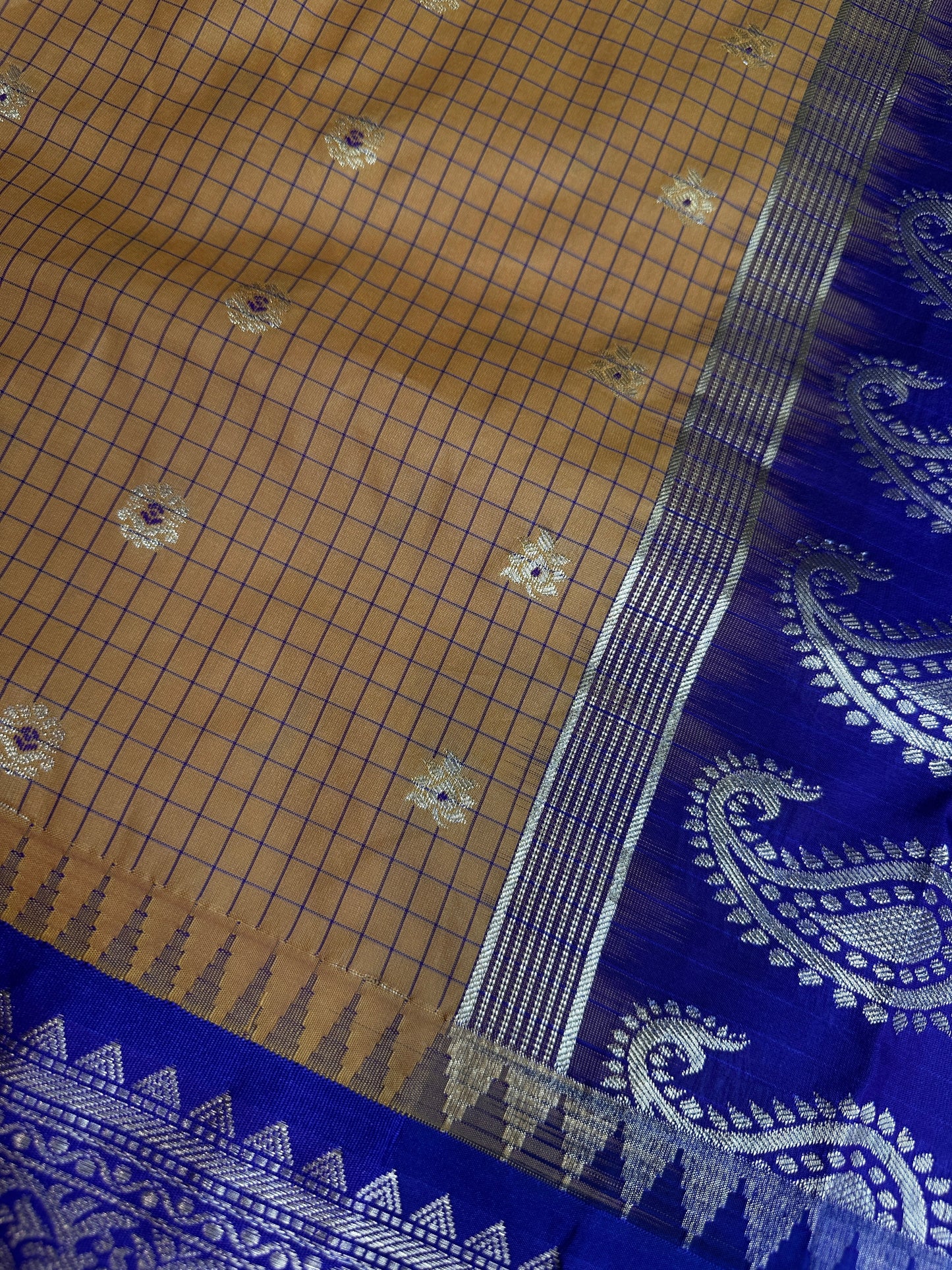Gadwal Semi Silk Mustard Yellow Checks Saree