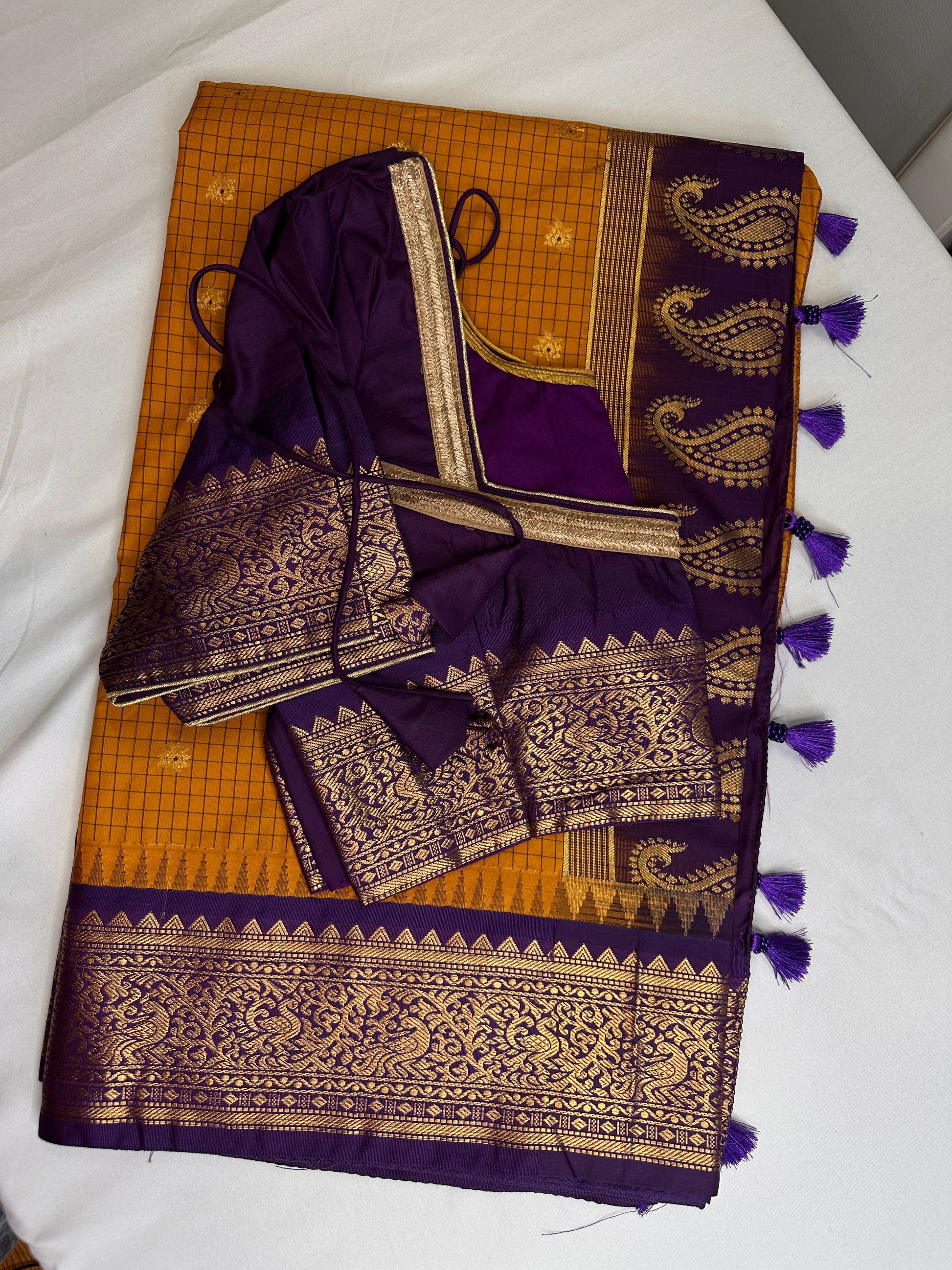 Gadwal Semi Silk Mustard Yellow Checks Saree