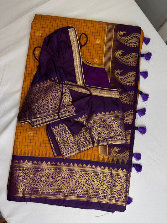 Gadwal Semi Silk Mustard Yellow Checks Saree