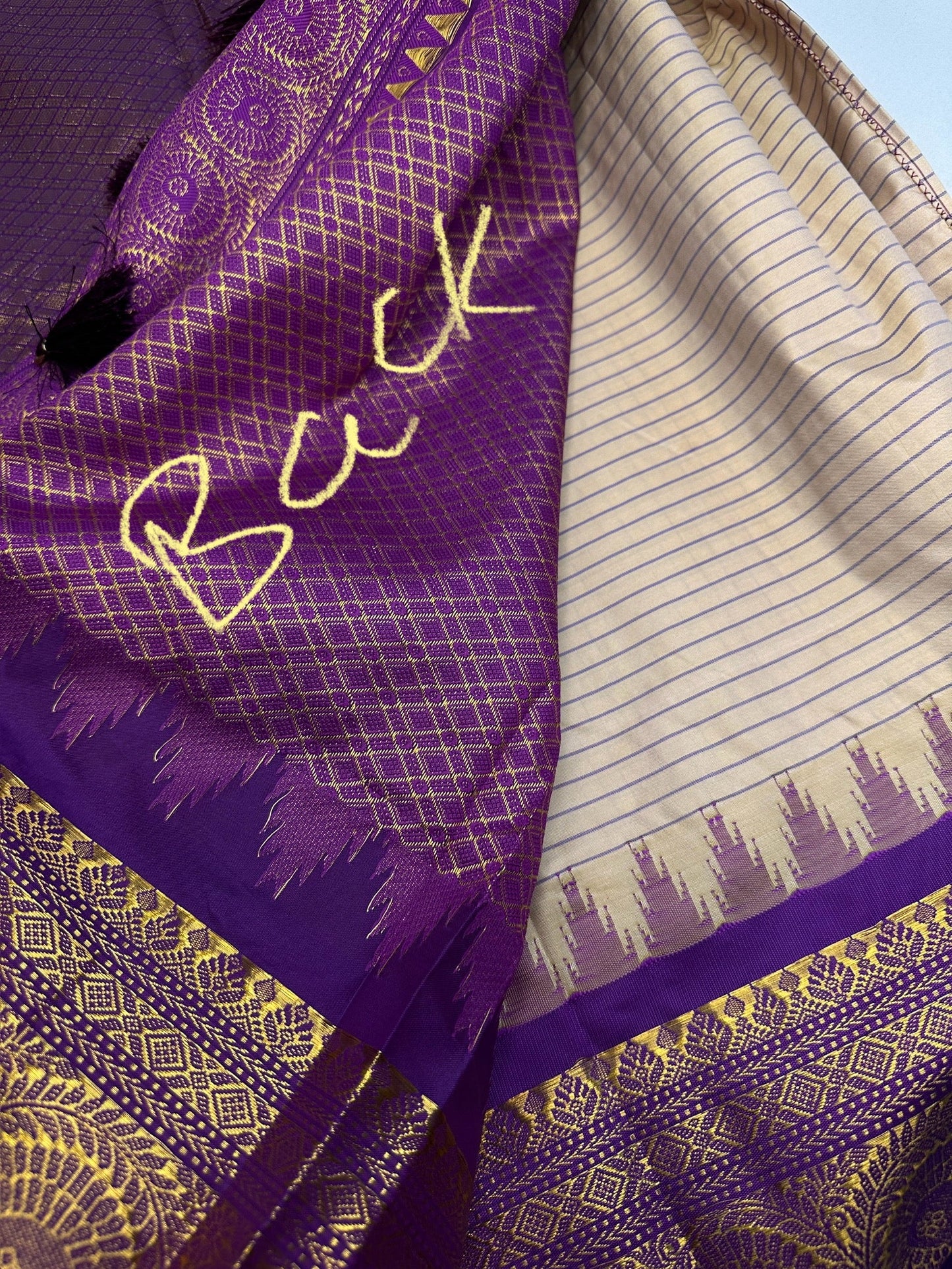 Gadwal Semi Silk Cream Purple Checks Saree