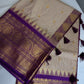 Gadwal Semi Silk Cream Purple Checks Saree