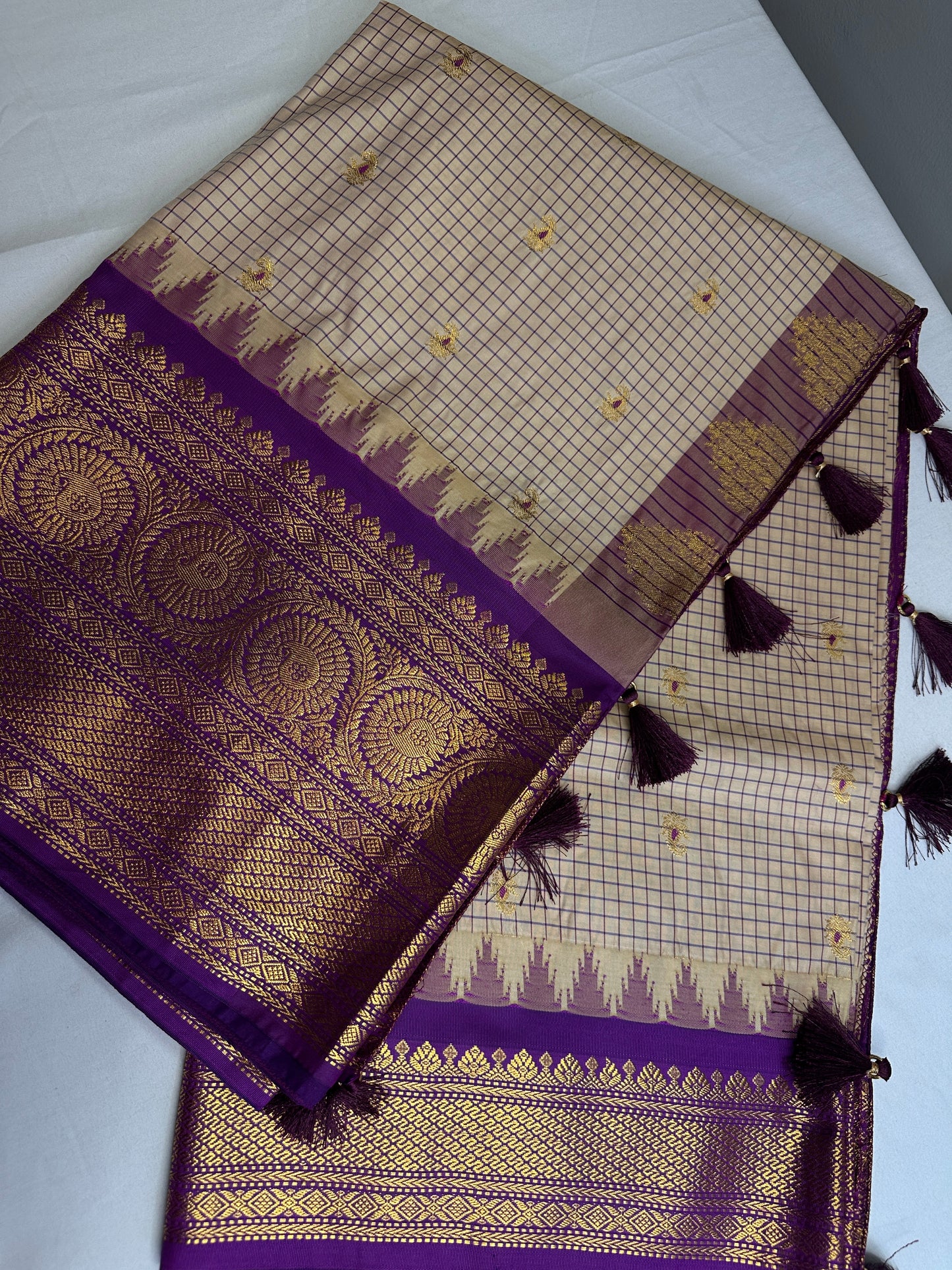 Gadwal Semi Silk Cream Purple Checks Saree