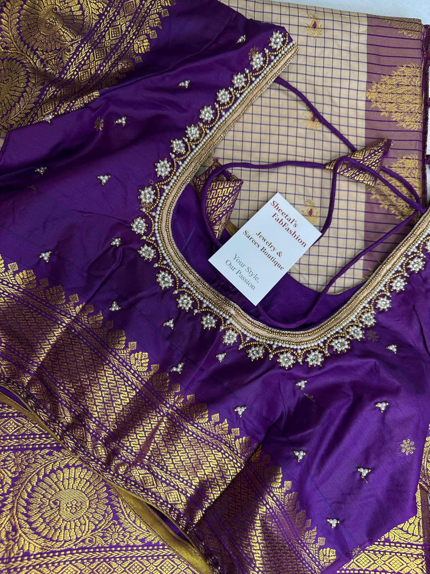 Gadwal Semi Silk Cream Purple Checks Saree