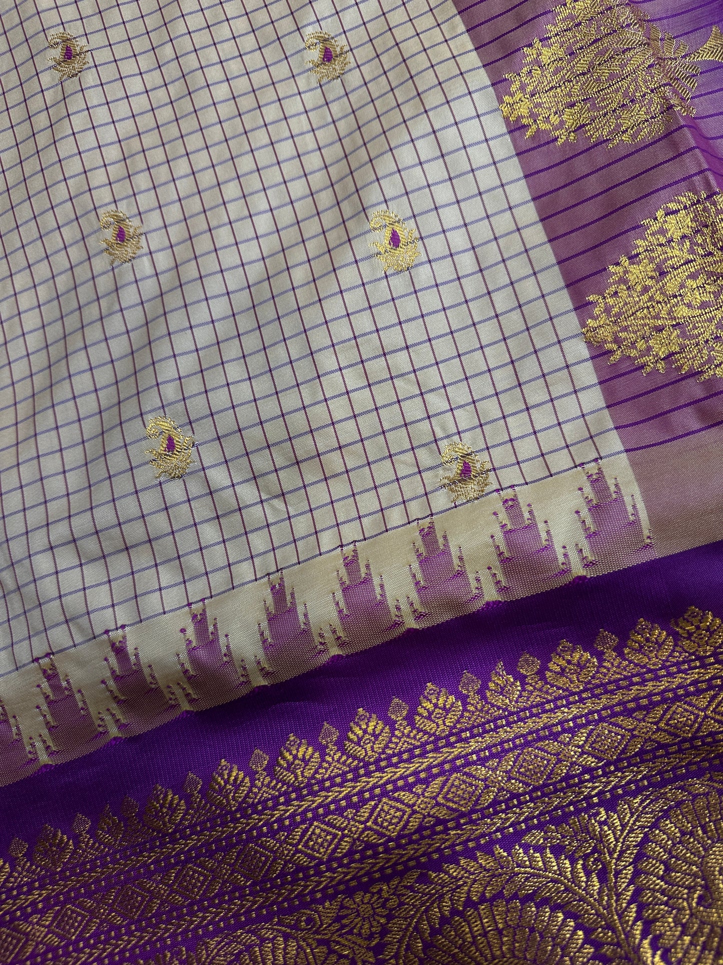 Gadwal Semi Silk Cream Purple Checks Saree