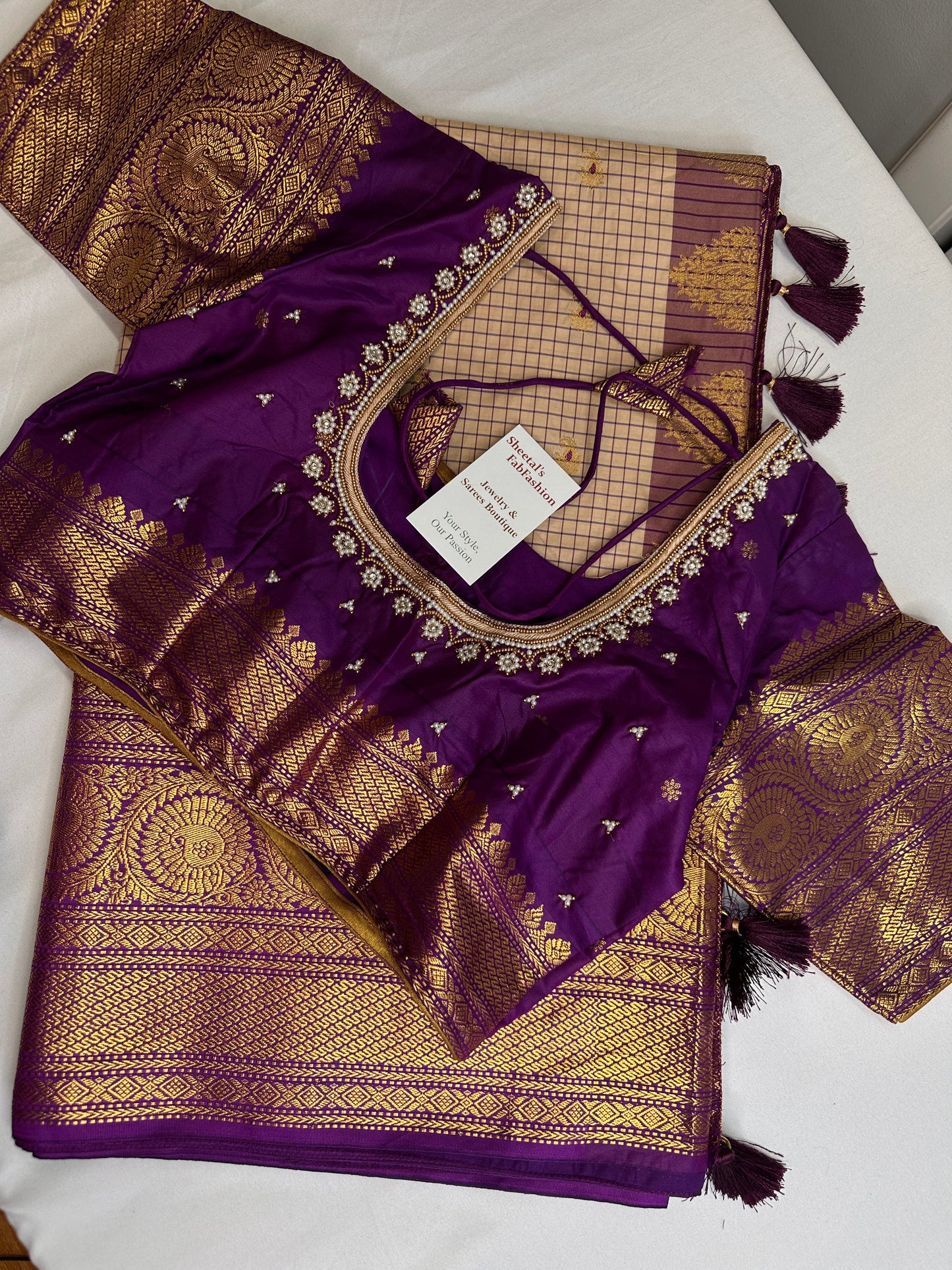 Gadwal Semi Silk Cream Purple Checks Saree