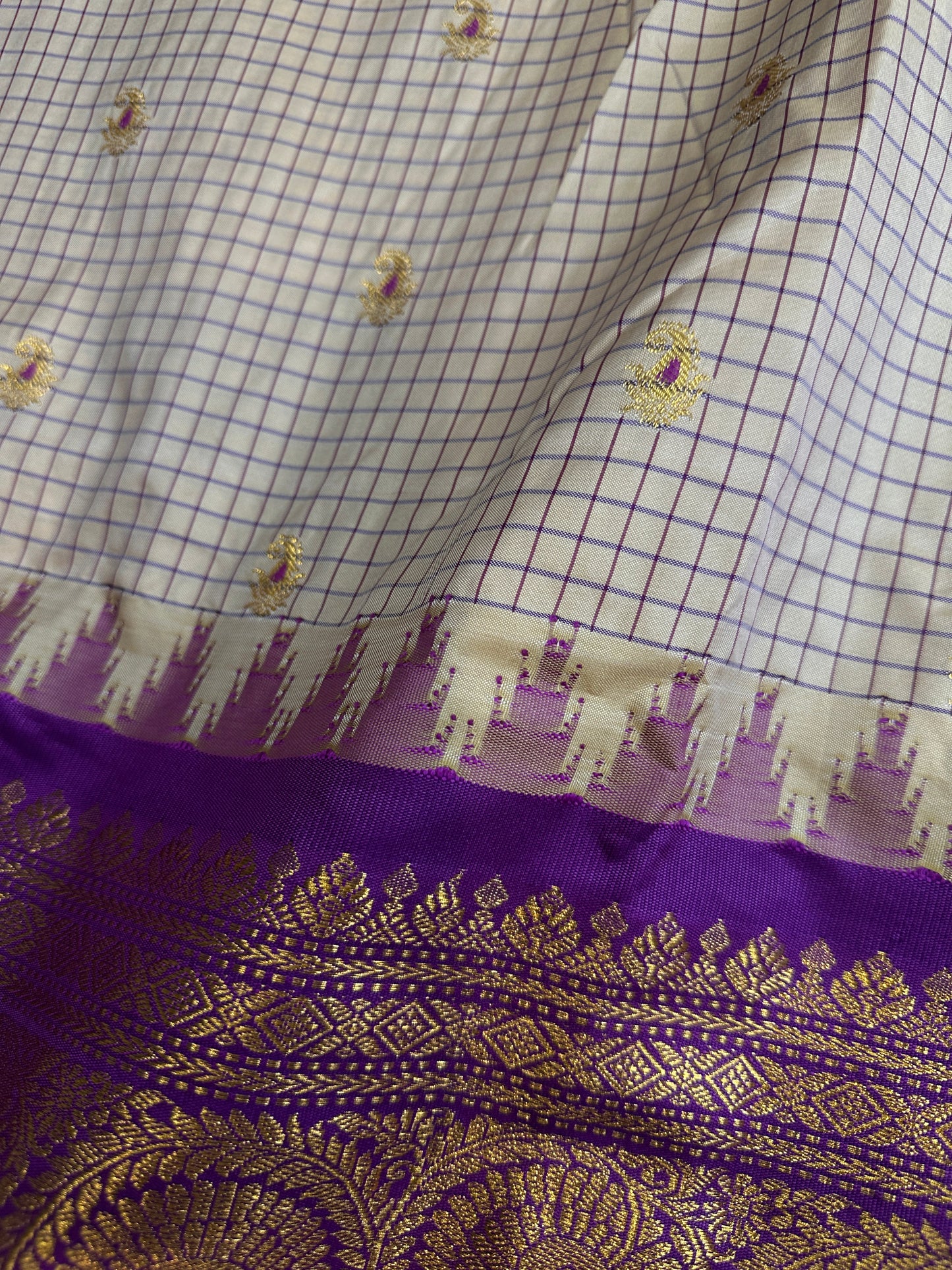 Gadwal Semi Silk Cream Purple Checks Saree